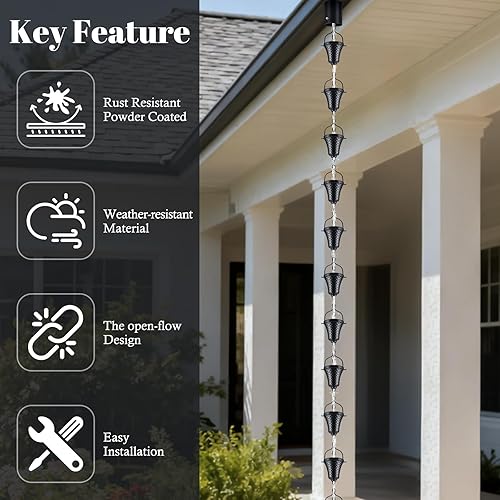 Miniatura 4 de HANAYARD Cadenas de lluvia para canaletas exteriores con recubrimiento de polvo negro, desviador de lluvia de metal, decoración para exteriores, 8.5