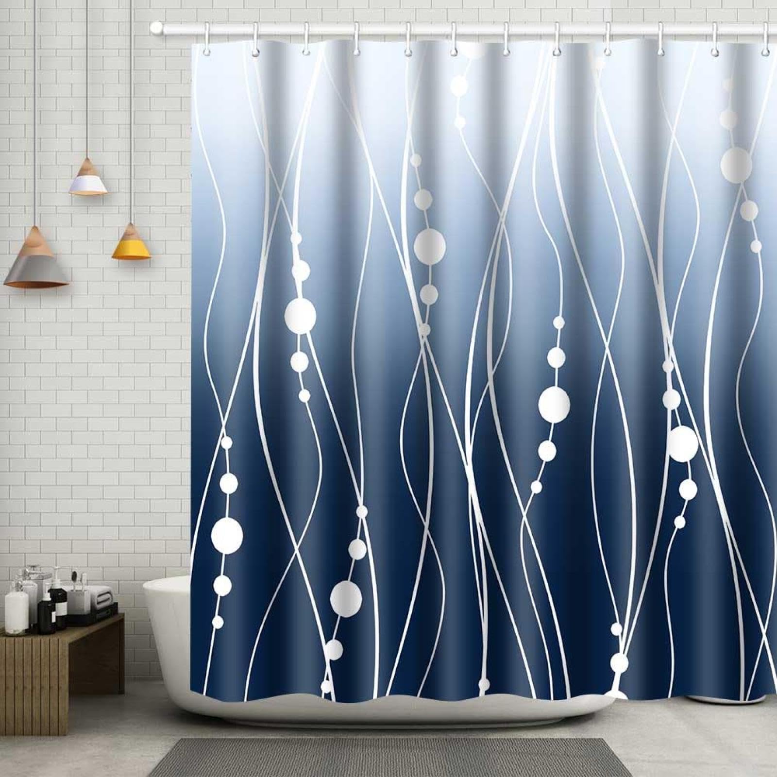 UIYIUI Ombre Navy Blue Striped Shower Curtain 28x69in/70x175cm Modern Abstract White Striped Wavy Lines Bath Curtains, Chic Aesthetics Water Repellent