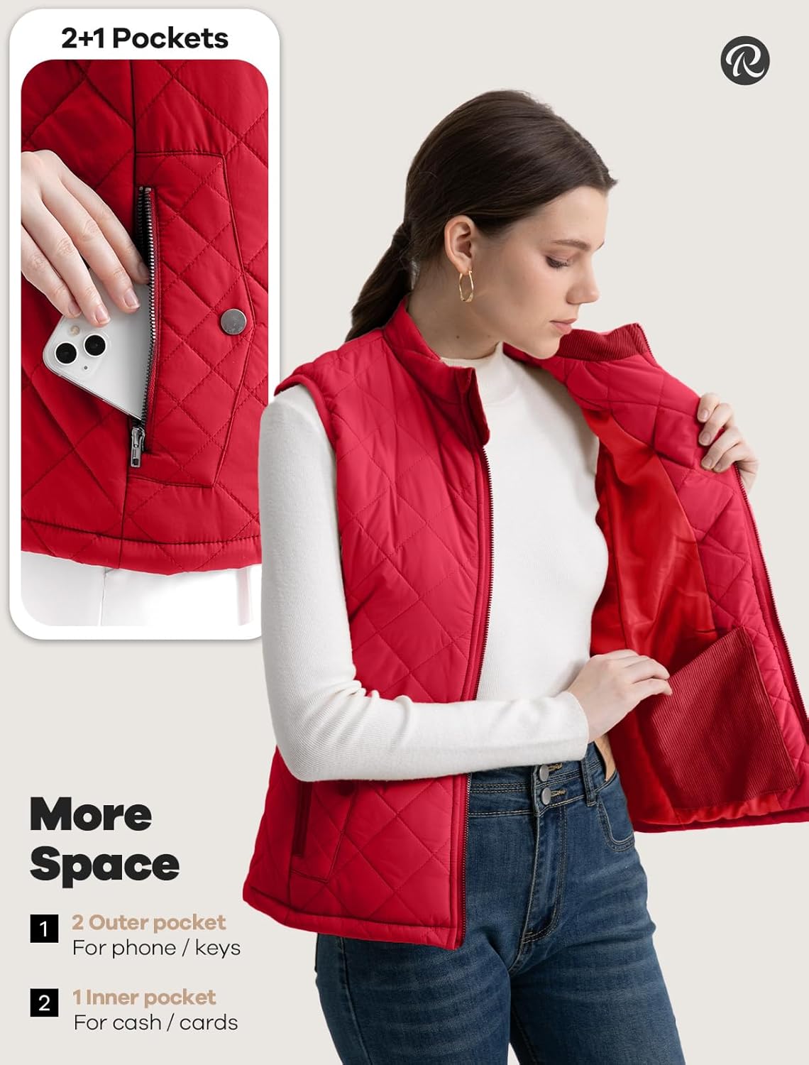 Women's Vest, Quilted Puffer Water-Resistant Zip With Pockets - Image 5