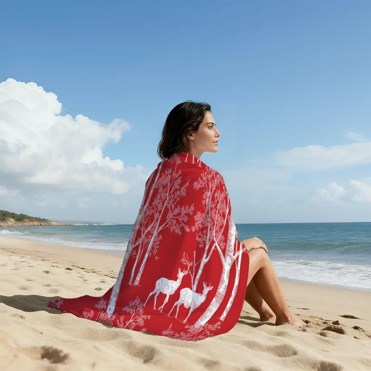 Générique Serviette de Plage Microfibre 230 x 210 CM,Drap de Plage Nordique, Forêt, Silhouette, Couverture de Plage Absorbante,Couverture de Bain Bouleaux, Rennes, Silhouettes