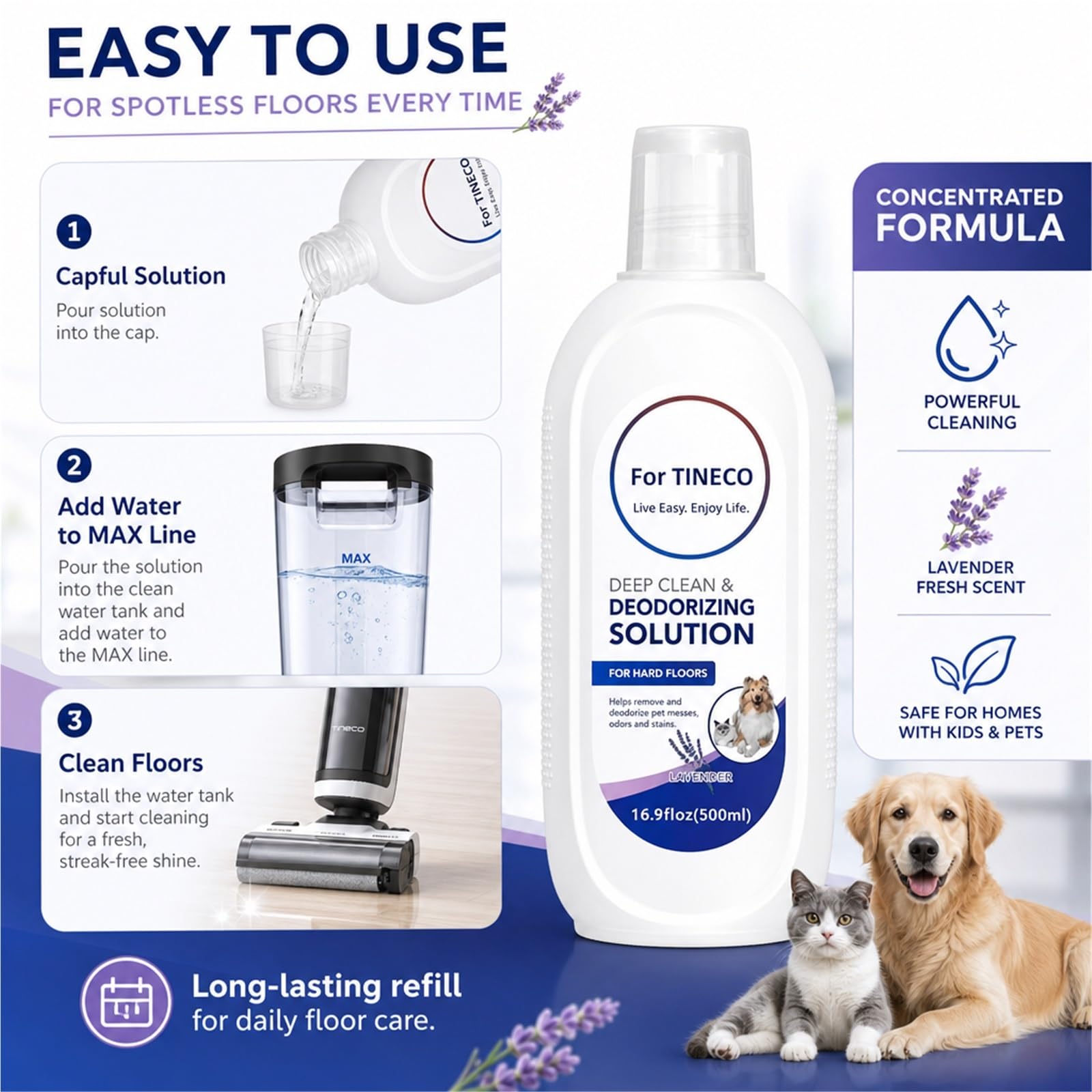 Reinigungsflüssigkeit for Böden Kompatibel mit Tineco iFLOOR/FLOOR ONE | 500 ml 5er-Pack Konzentrierter Lavendelduft pH-neutrale Formel Sicher for Haustiere & Kinder for Nass-/Trockensauger & Wischm