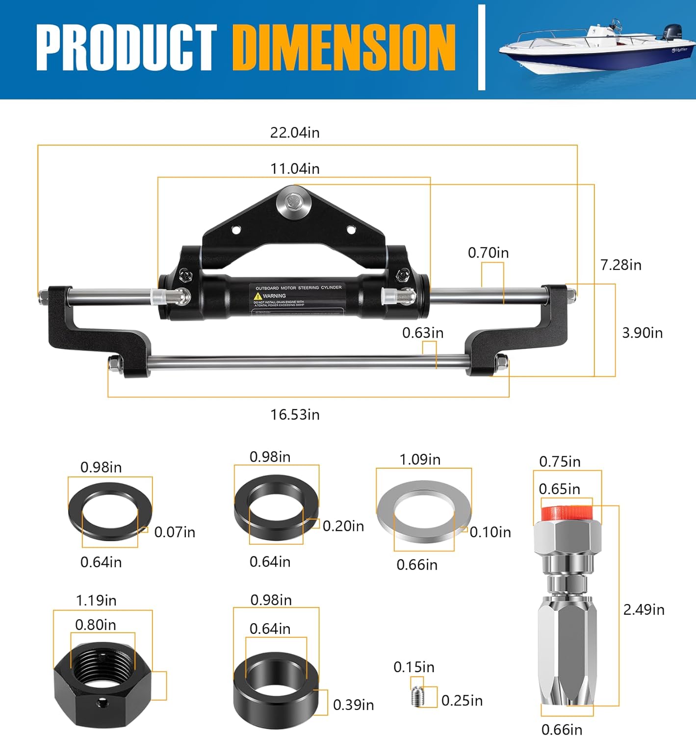 Camoo HC5345-3 Hydraulic Steering Cylinder 300HP Front Mount Helm Replace for Seastar Outboard Steering Cylinder HC5345-3, Max Pressure 10.3MPa/1500PSI with Two-Way Lock Valve and ORB Fittings