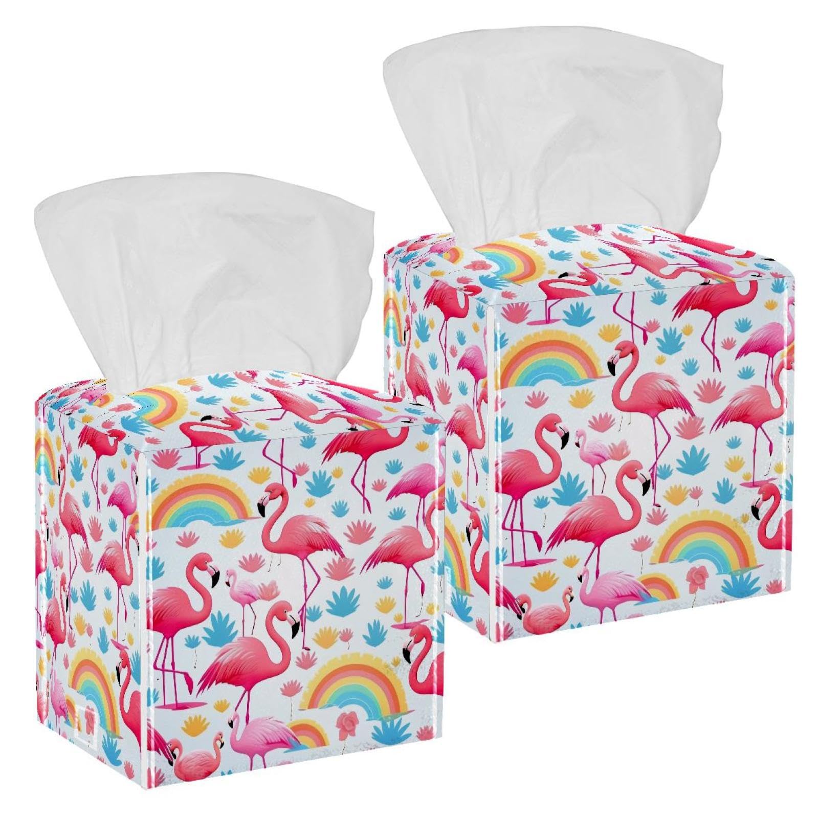 Flamingo Tissue Box Cover, 2 Pack PU Leather Square Facial Tissue Dispenser Box holder for Home Office Car