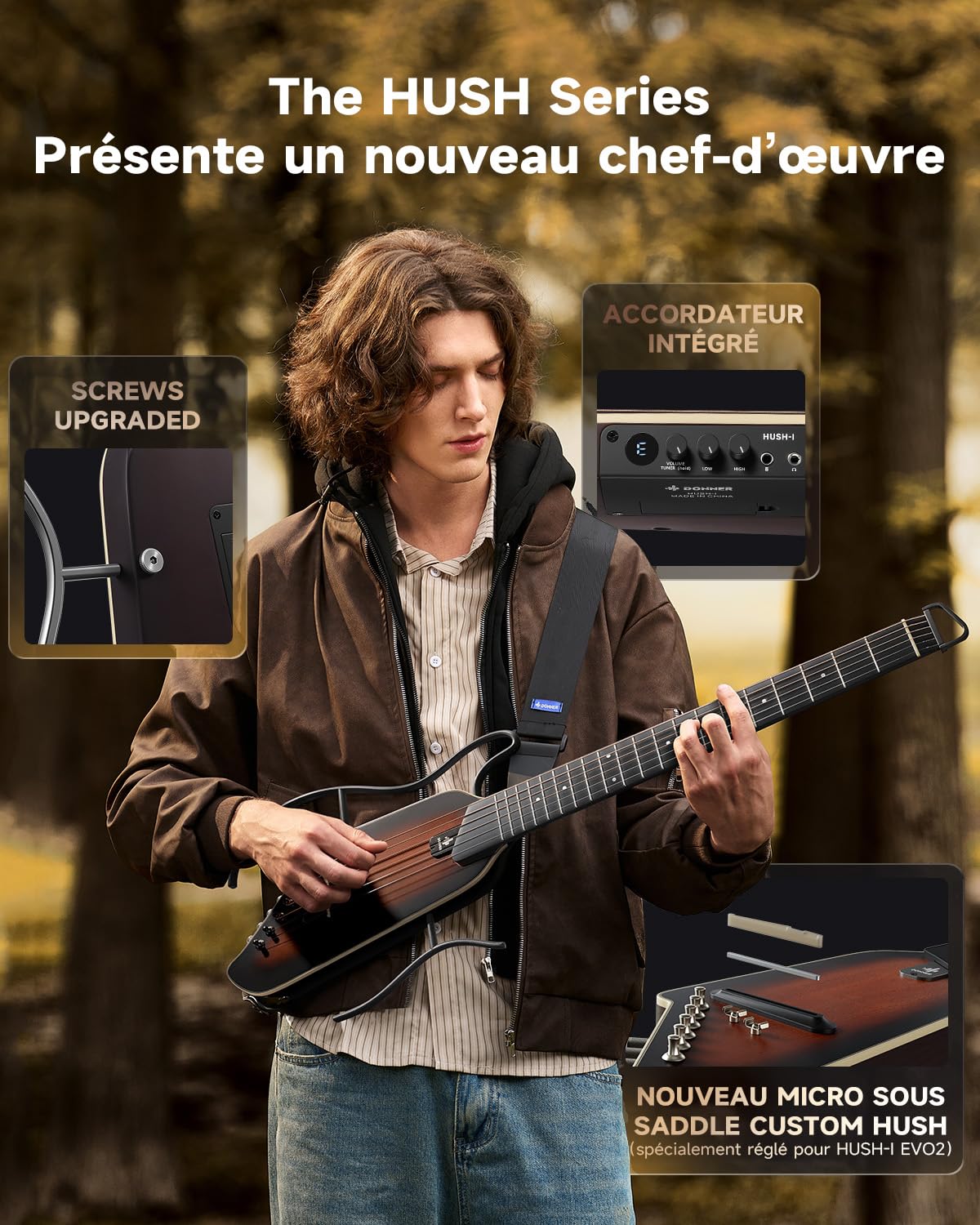 Donner HUSH I EVO2 Guitare Acoustique-Électrique de Voyage, Ultra-Légère, Sans Tête, avec Accordeur Intégré, Supports Amovibles et Sortie Casque – Sunburst