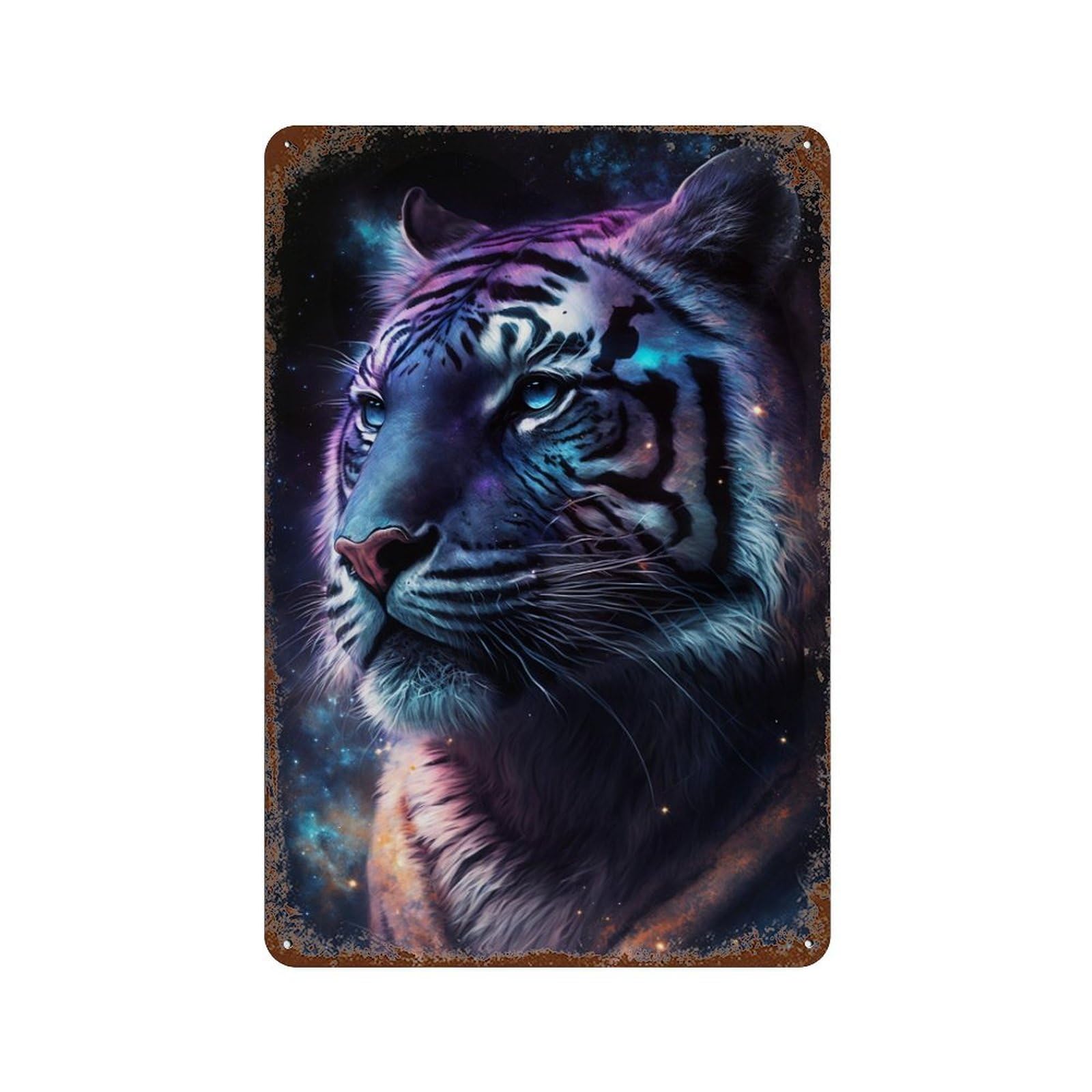 Cosmic Tiger Portrait-7 11.8"x7.9" Rustic Tin Plaque, Industrial Home Decor for Farmhouse, Kitchen And Entryway Decor
