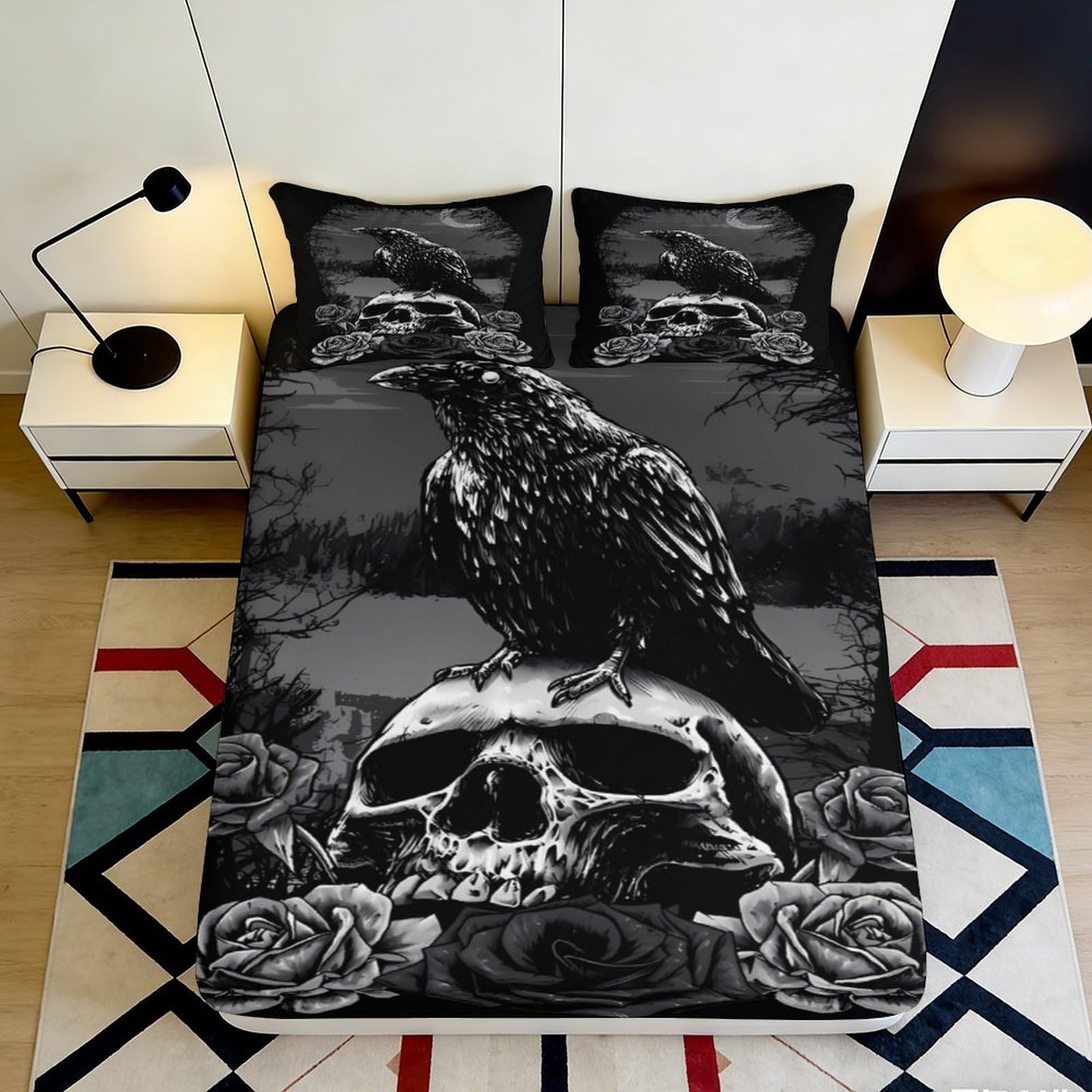 3D Printed Gothic Raven Fitted Sheet Microfiber Durable Breathable Skull Bed Cover for Bedroom Dormitory Guest Room Mattress Protection 120x200x25cm