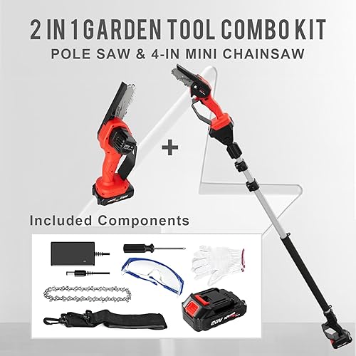 Miniatura 5 de Sierras de poste inalámbricas 2 en 1 sin escobillas y motosierra amarilla de 8 pulgadas, sierra de poste alimentada por batería de 20 V para poda de