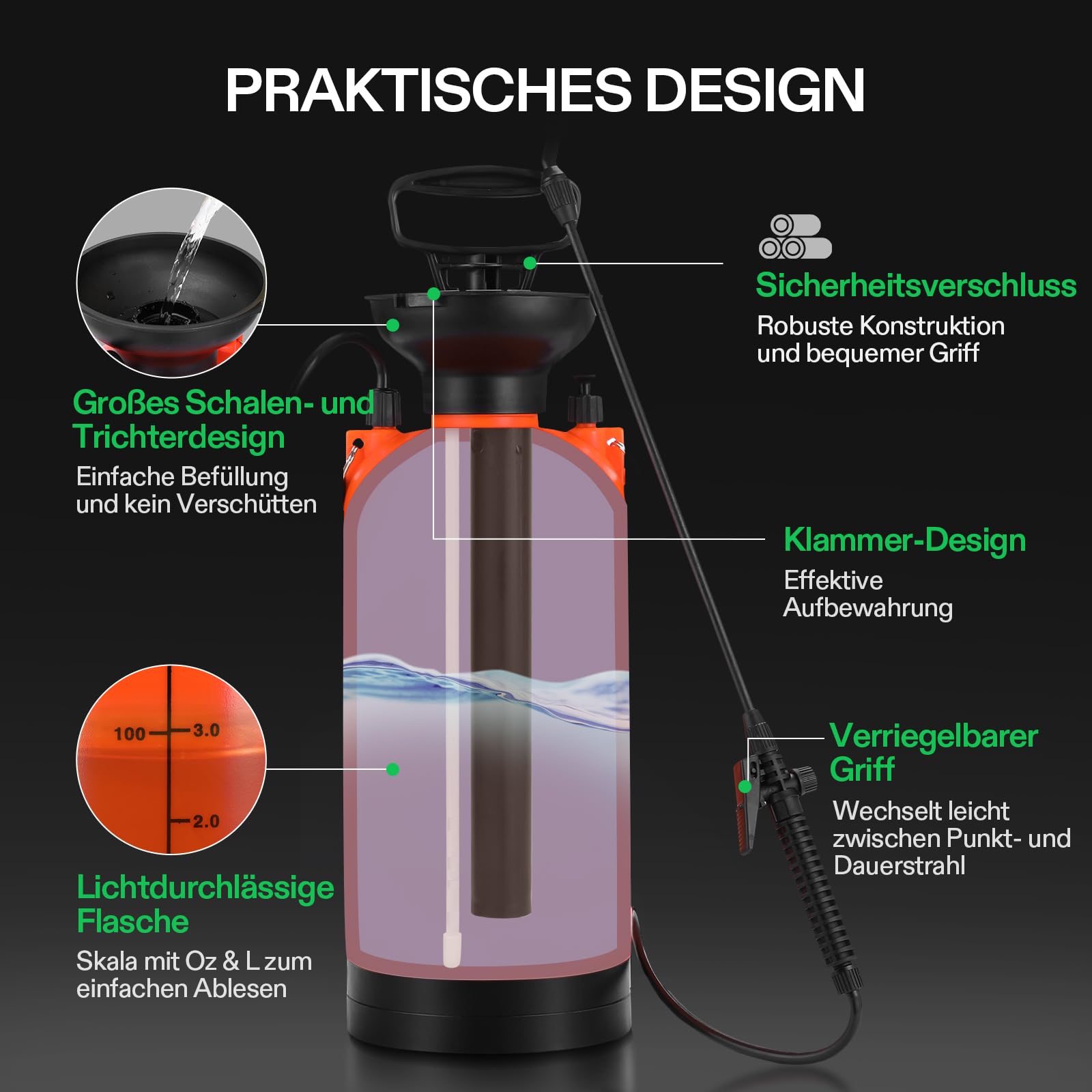 VIVOSUN Drucksprüher 8L Gartenspritze mit Verstellbarer Düse und Trageriemen, Sprühflasche Pumpsprüher mit Sicherheitsventil für Pflanzen Garten Rasenpflege und Haushaltsreinigung, Orange