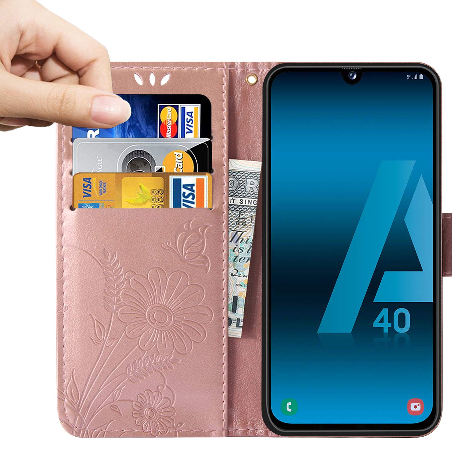 Cover Flip Uposao Per Galaxy A40: Custodia In Pelle PU Con Design Uccello E Piuma Verde - 5