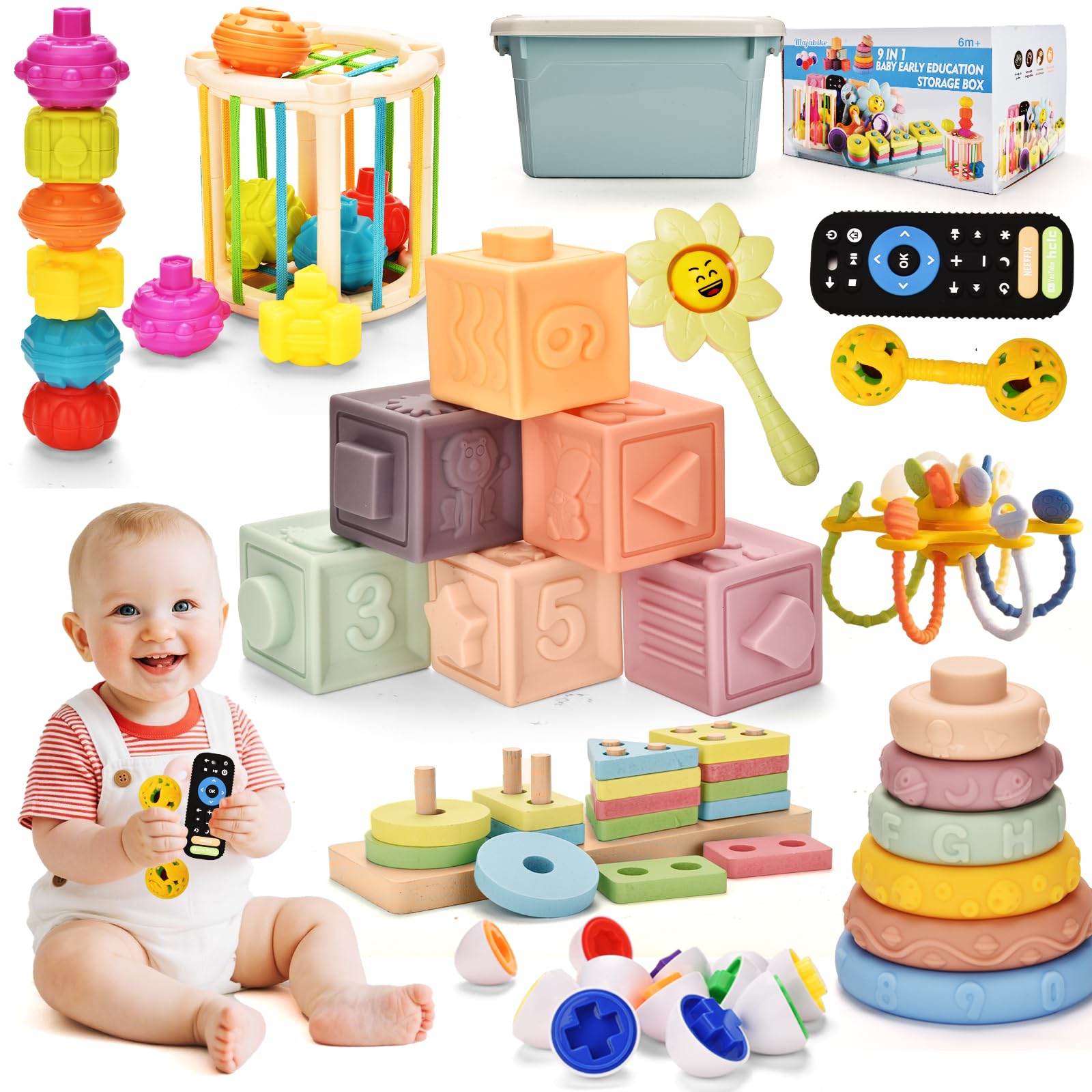 Juguetes Montessori para bebés de 6 a 12 Meses, para 9 en 1, Juguetes para niños pequeños, Bloques de construcción educativos para niños de 1 año, sensoriales para bebés
