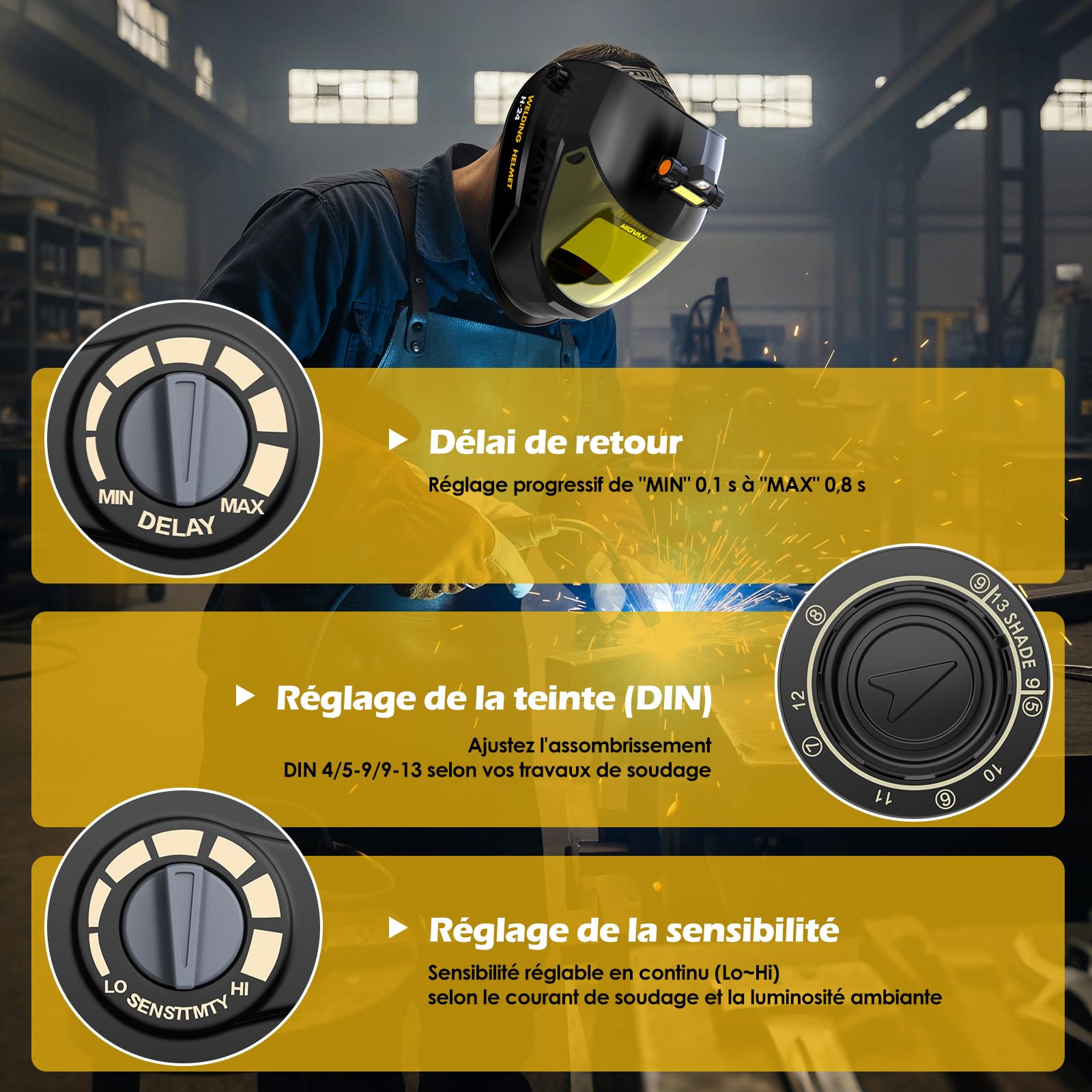 Masque de Soudure Automatique avec Lampe LED Casque de Soudure Ultra-HD True-Color 100x82mm XL - Cagoule de Soudure 0,1ms Solaire pour MIG WIG TIG MMA & Meulage DIN 4/5-9/9-13 H24