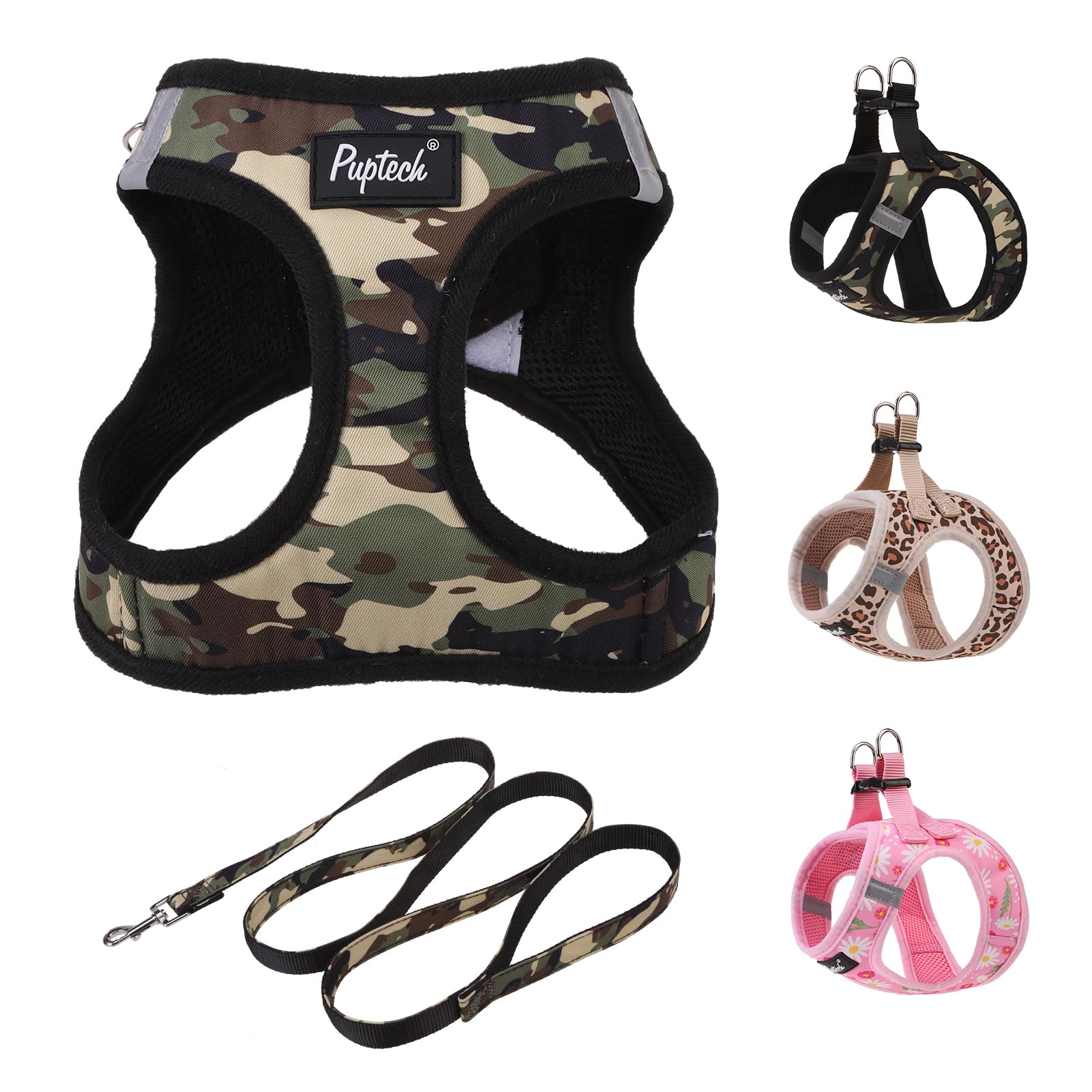 PUPTECK Dog Harness and Leash Set for Small Medium Dogs No Pull Step-in Soft Mesh Puppy Cat Vest Harnesses Reflective at Night, Camouflage, M
