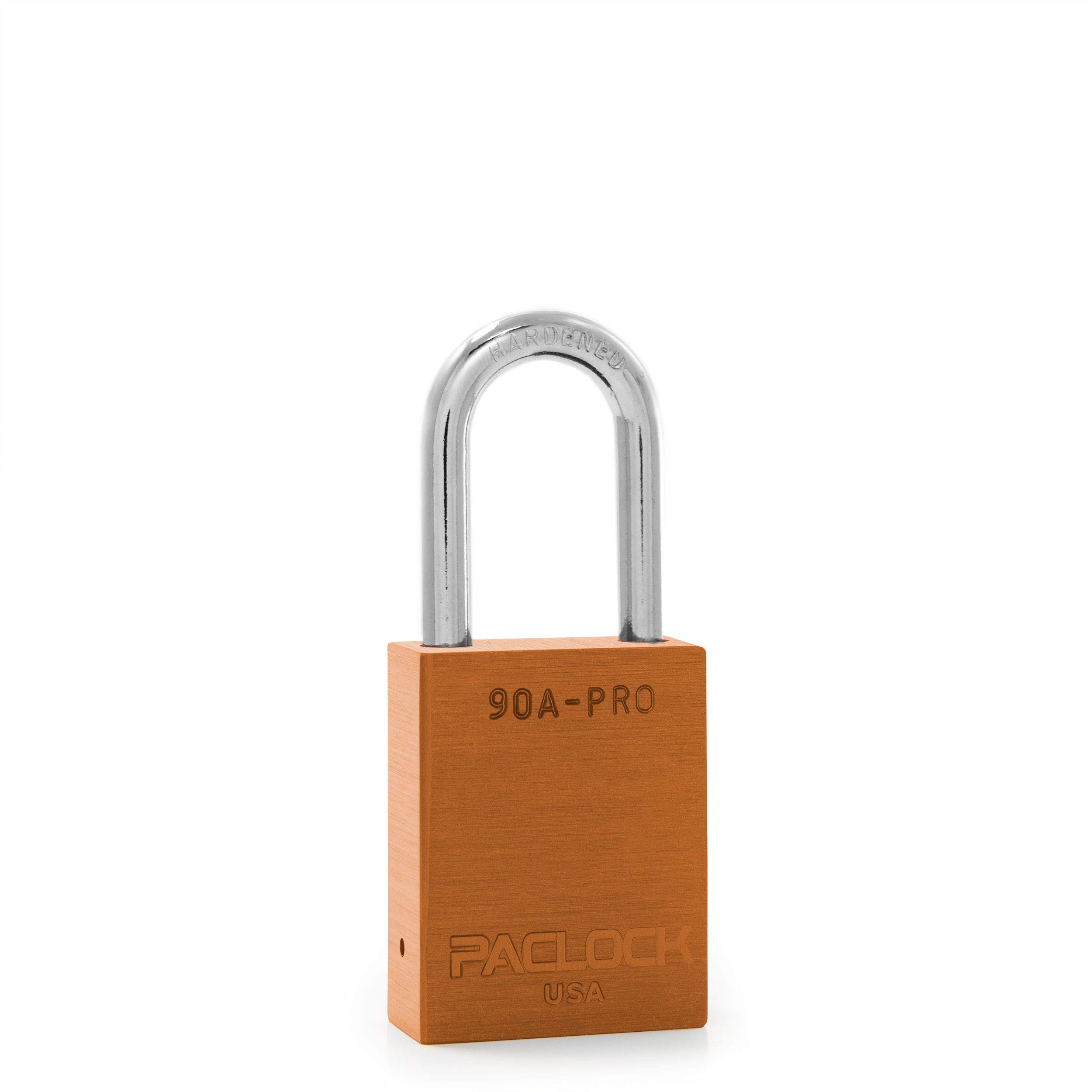 PACLOCK's 90A-PRO Padlock, 1/4" Diameter Hard. Steel Shackle, 1-1/2" Tall, High Performance 7-Pin Cylinder w/ 1 Key, Keyed Alike, Orange