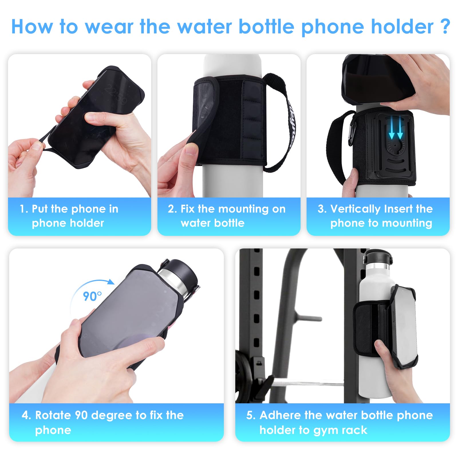 Cikyner Correa magnética para Botella de Agua con asa, Soporte para Botella de Agua Giratorio y Extraíble de 360°, Soporte para Botella para Teléfonos de 4,5 a 7 Pulgadas y Botellas de Agua de Ø5-9cm