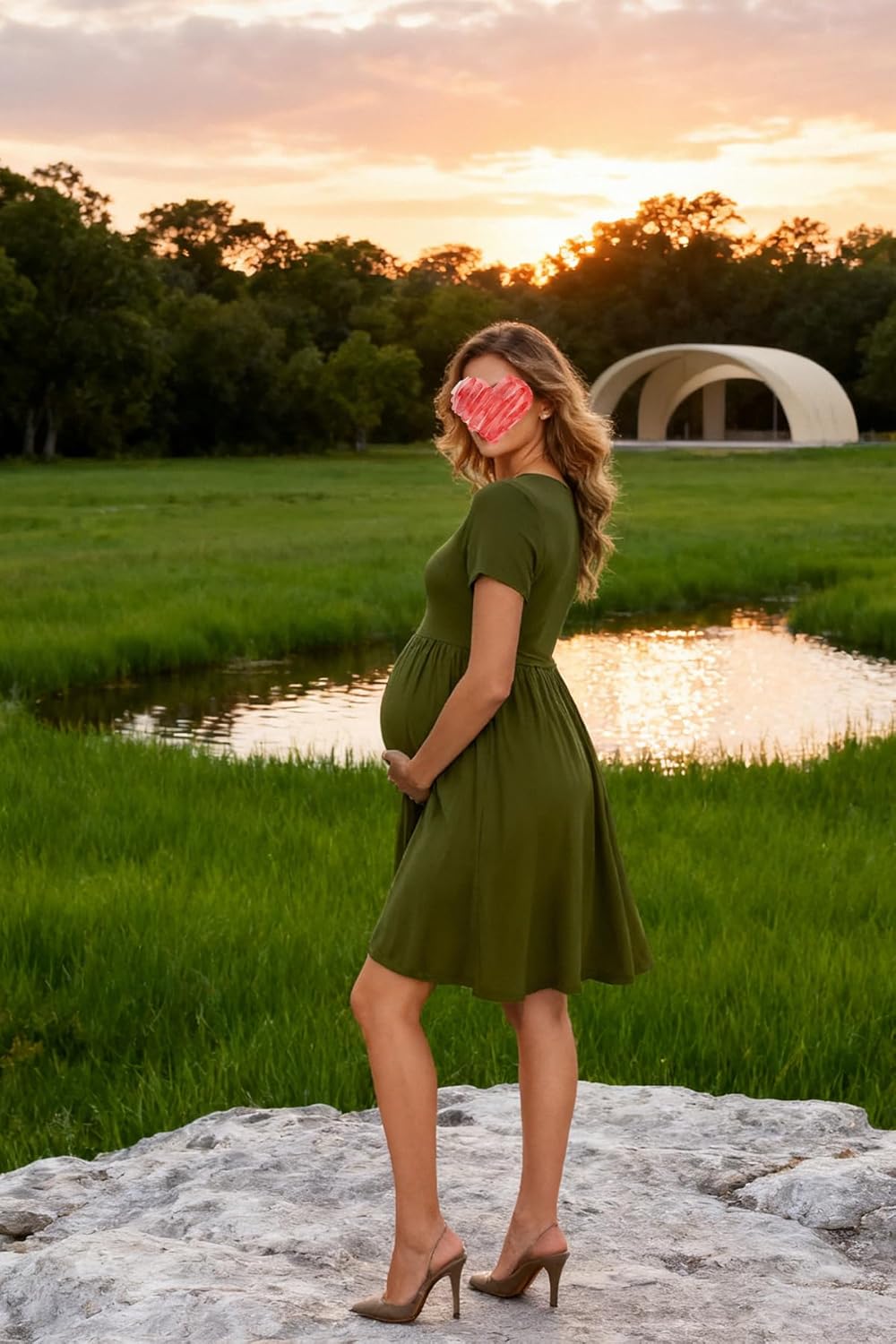 Women's Short Sleeve Maternity Dress Patchwork Pregnancy Clothes with Pockets - Image 6