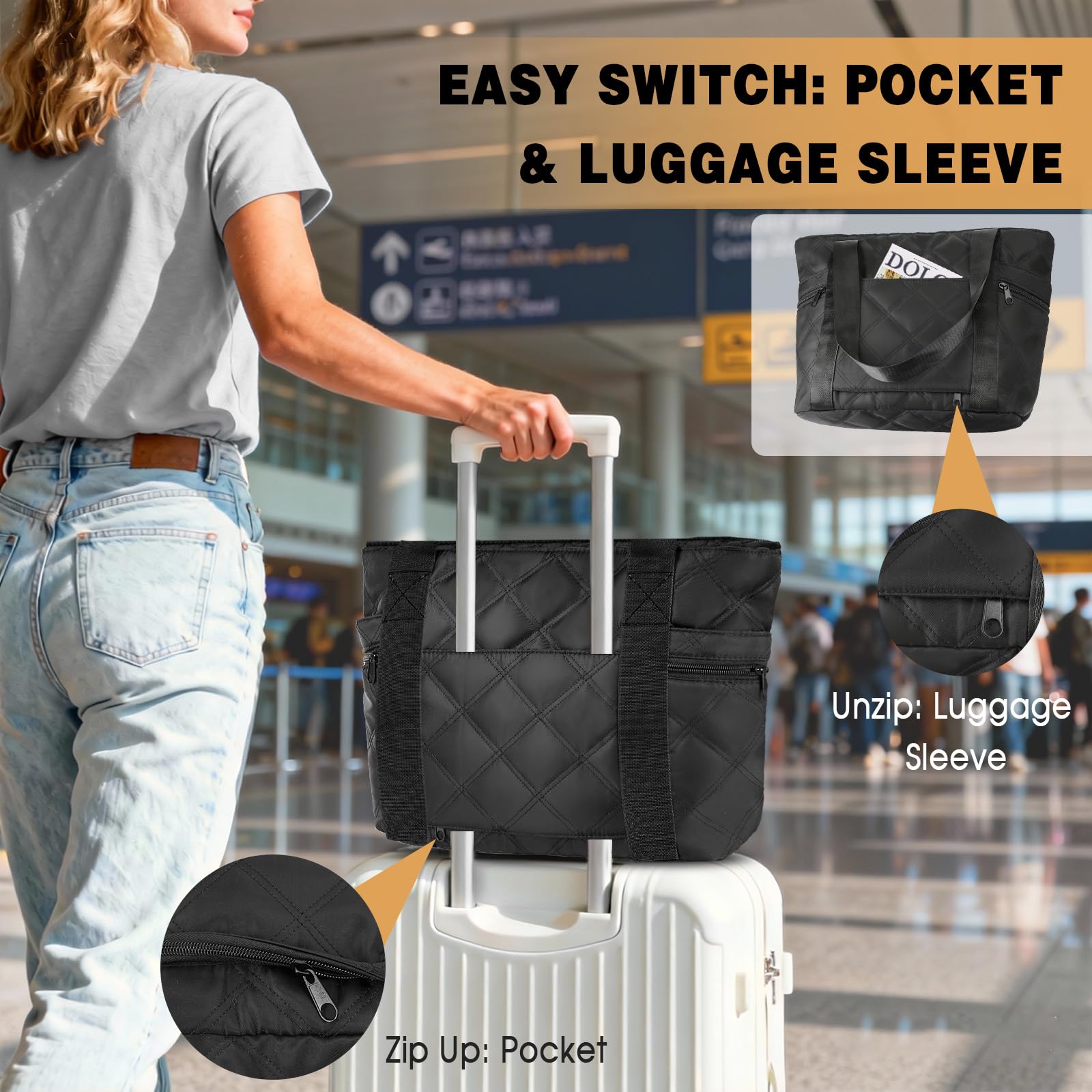 Borsa a Mano e Tracolla Donna, 15,7 Pollici Grande Puffy Tote Bag con Scomparto per Laptop e Borsa Piccola, da Viaggio Lavoro Università - Nero