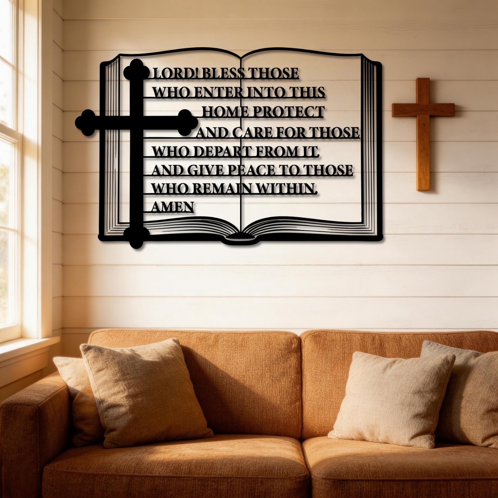 Cruz de Metal Negro con versículo bíblico para Pared, decoración de Arte Cristiano de Metal con Escritura, Escultura Moderna Decorativa con versículo bíblico para Sala de Estar, Dormitorio,