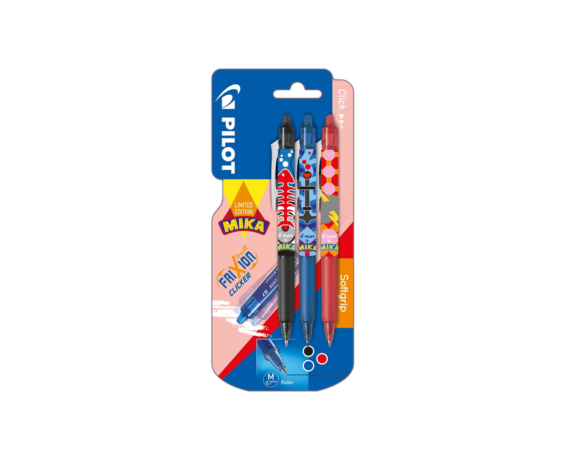 Pilot Frixion Clicker 07 Erasable Refillable Gel Pens - Mika Design Barrel - Black , Blue & Red - Blistercarded