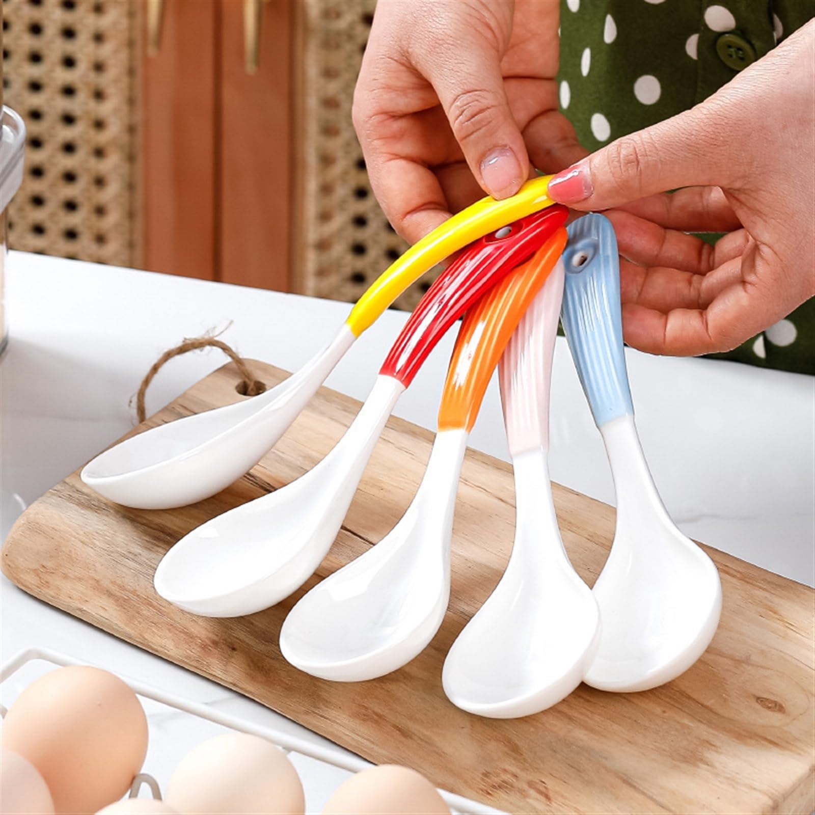 Cuchara de sopa de cerámica de 7 pulgadas, cucharas de sopa chinas, cucharas de sopa asiáticas, cucharas de sopa japonesas grandes for ramen, sopa, bolas de masa hervida, 1 cuchara de cena(Blu)