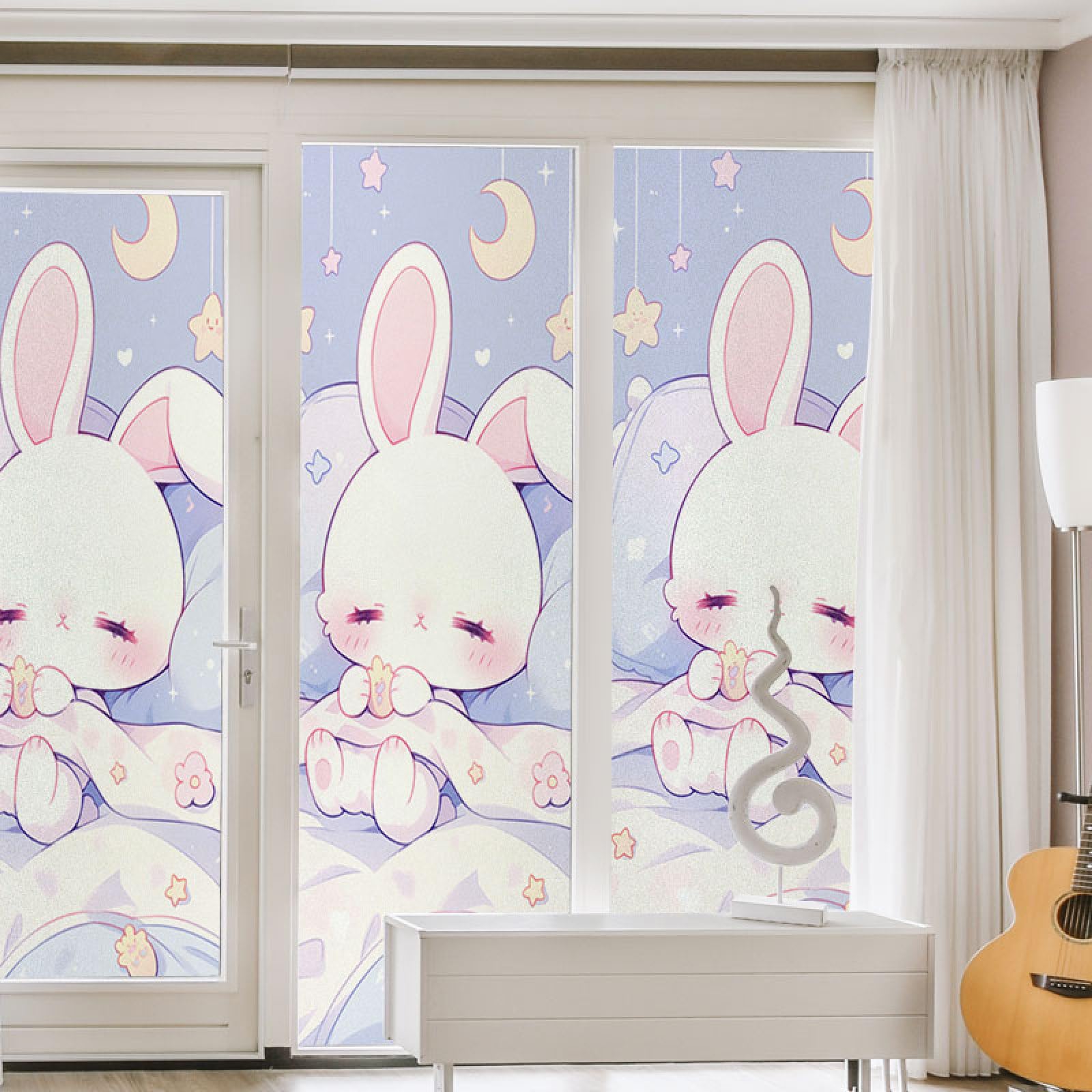 Film opaque vitrage lapin rose brise vue fenetre PVC imperméable sans colle 3 Pcs