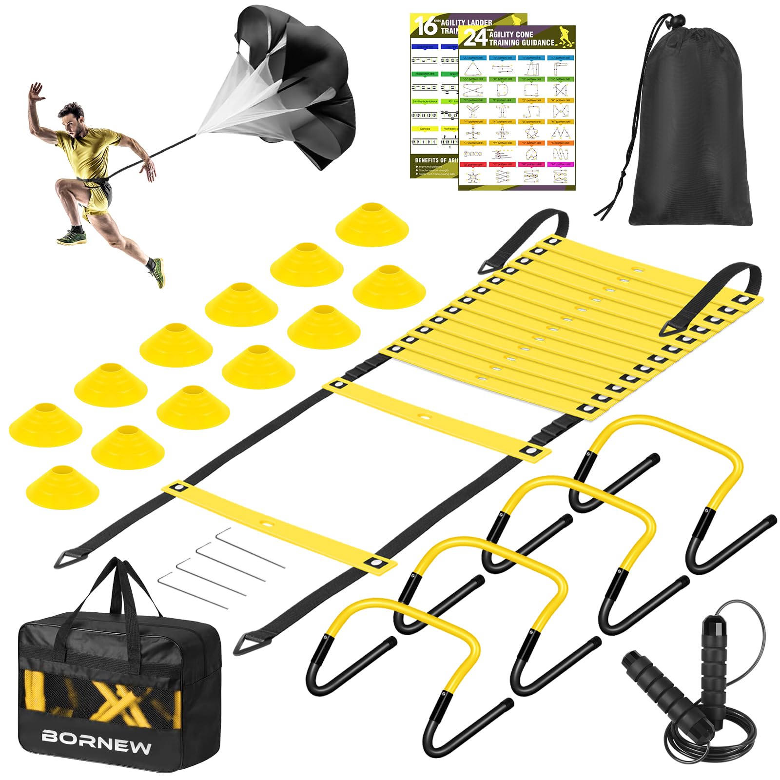 Soccer Agility Speed Training Equipment, Football Practise Set with 20 ft Agility Ladder, 12 Cones, 4 Adjustable Hurdles, Jump Rope, Parachute, for Basketball, Football, Kids, Youth, Adults