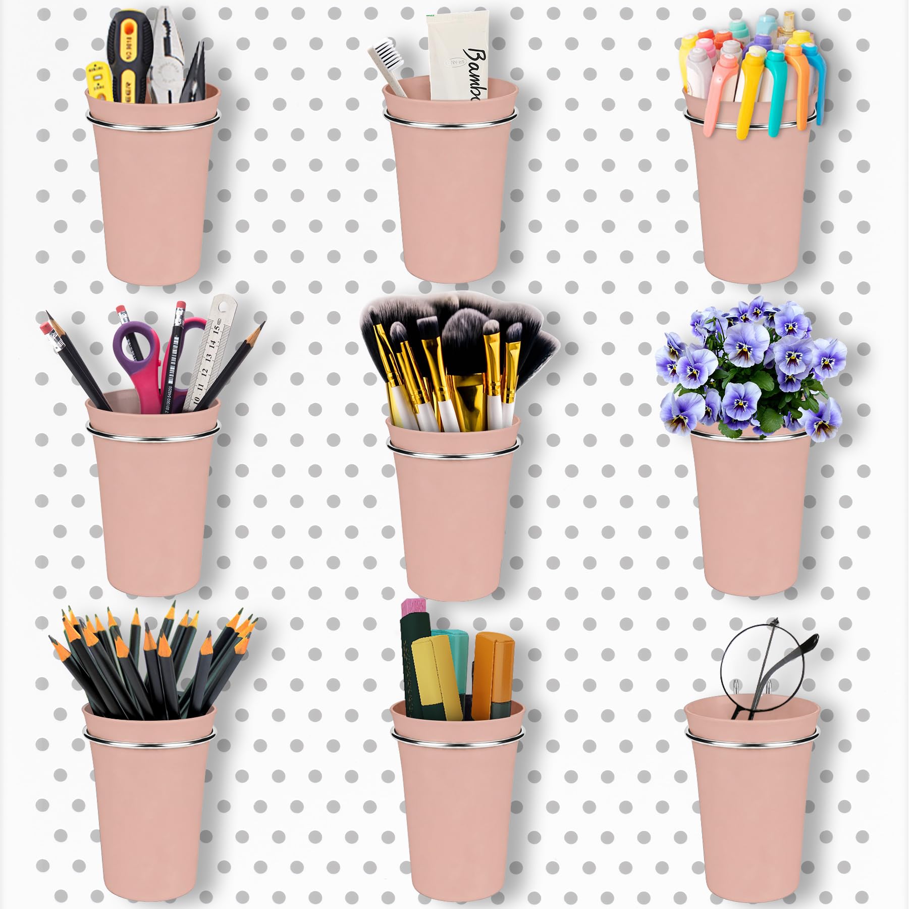 Pegboard Cups With Loops, 9 Pack Pink Peg Board Pencil Holder Organizer