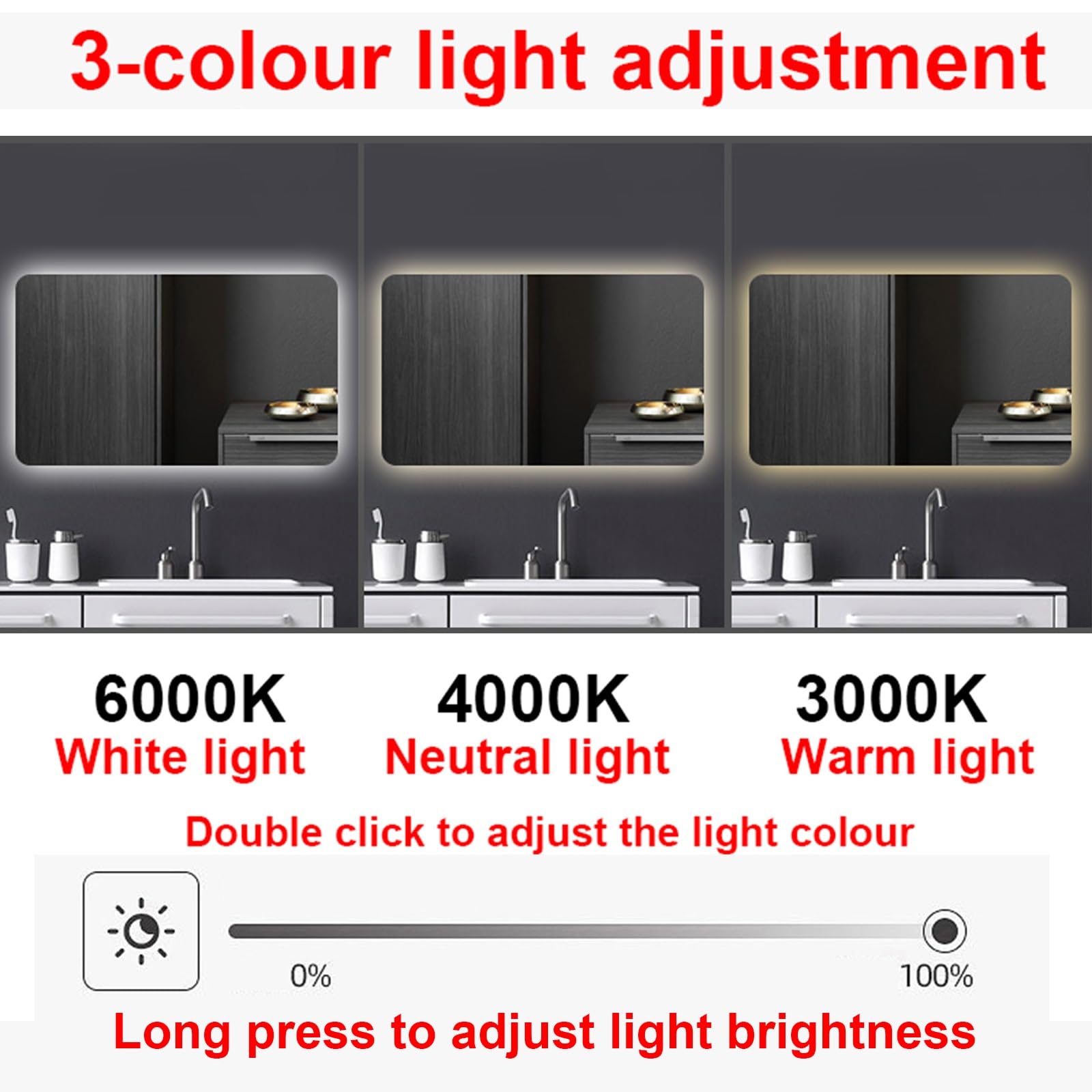 Espejo de Baño con Luz LED, Espejo de Pared Rectangular Táctil Sin Marco,Horizontal Suspension,40X60cm