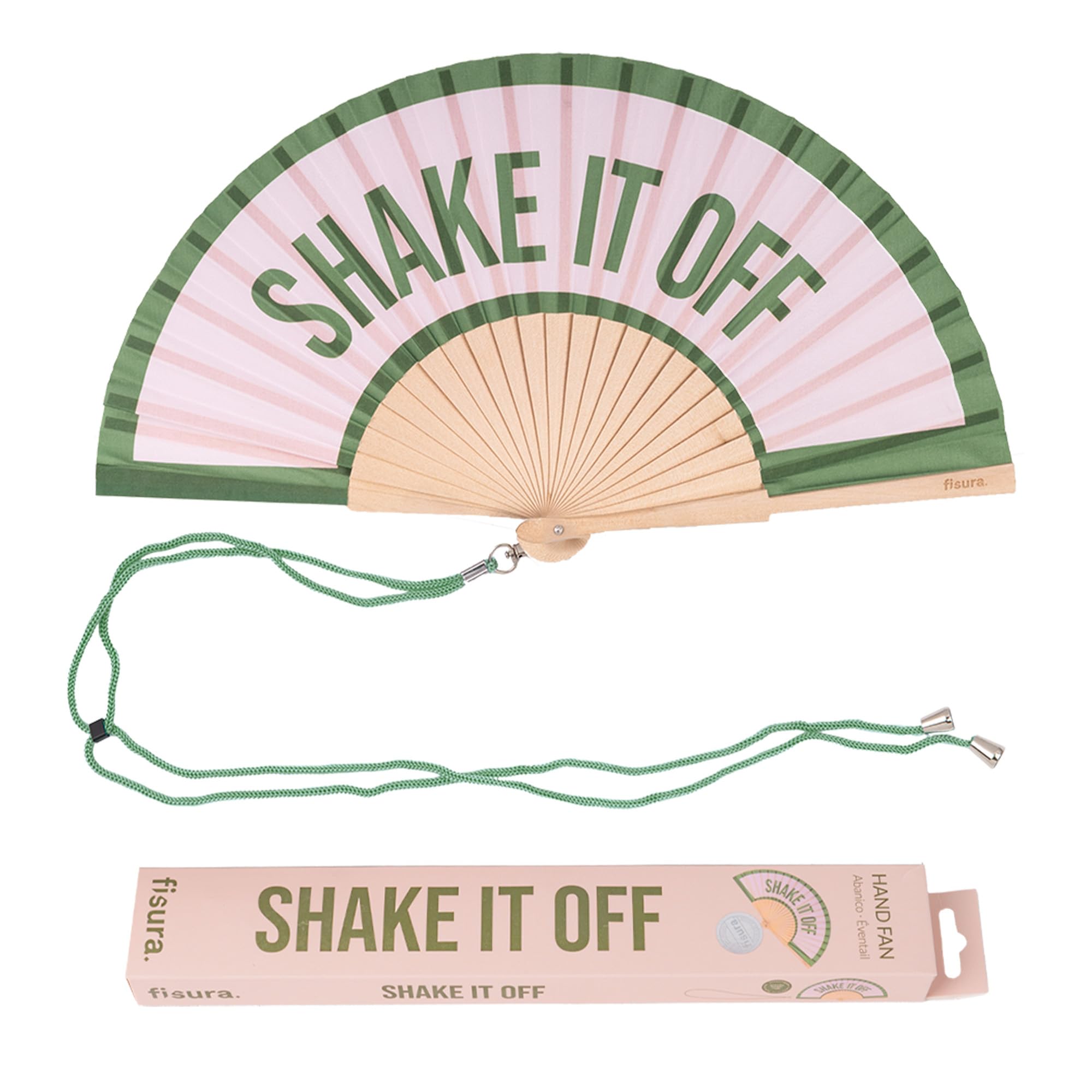 Fisura – Original Folding Handheld Fan with Fun Message shake it off. Wooden Folding Fan for women. Pink Design with Hanger for Wedding, rave, festival. Size: 42.5 x 23 cm