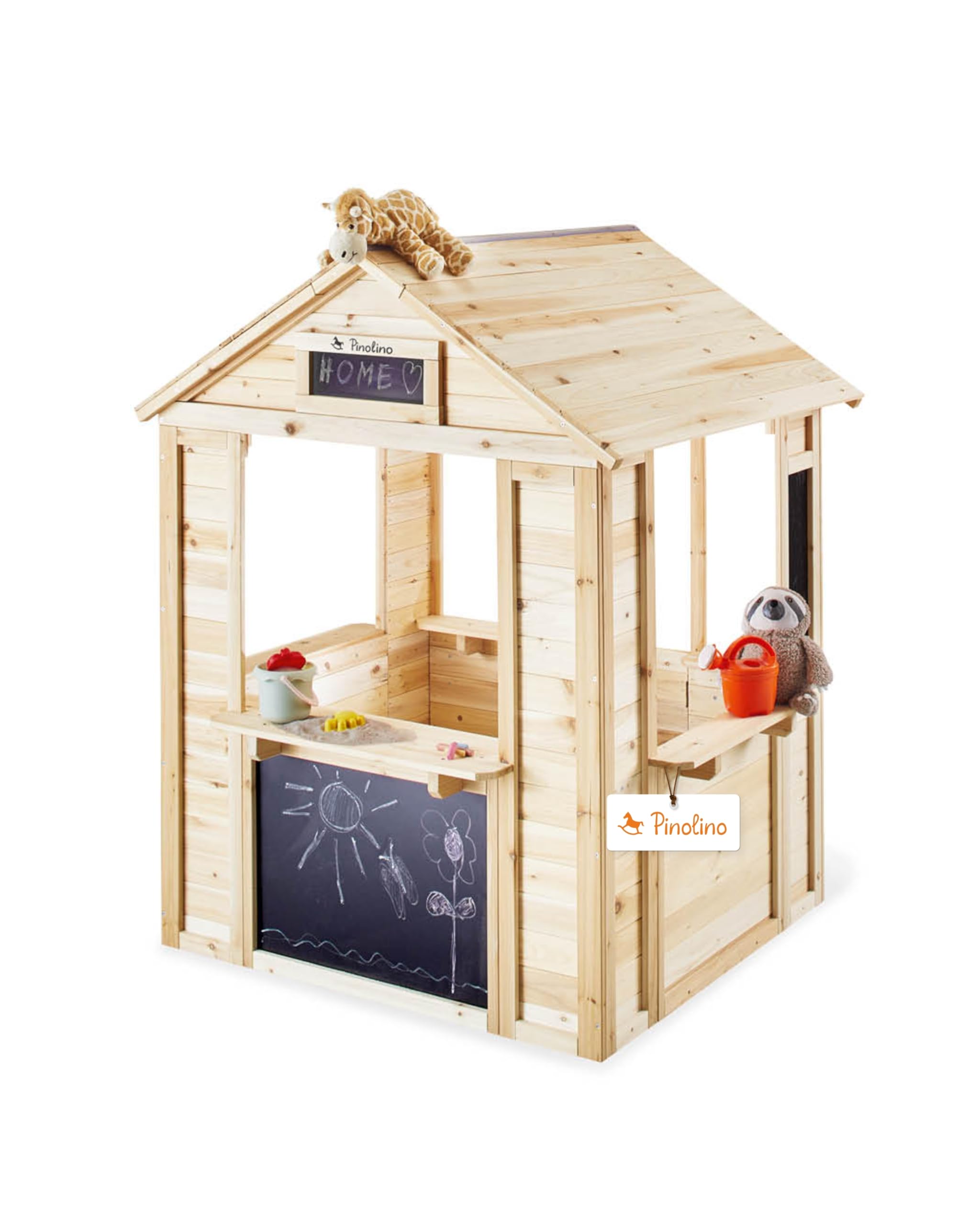 PINOLINO Outdoor Spielhaus Knut aus Massivholz I Kinder Gartenhaus mit Drehtür, 5 Ablagen & 2 Blumenkästen I Spielhaus mit 4 Kreidetafeln für Garten & Terrasse I 116 x 104 x 137 cm