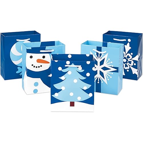 Hallmark 5XGB1796 6" Holiday Gift Bags, (Pack of 5; Blue Christmas Icons) Snowflakes, Snowman, Christmas Tree, Small, Blue