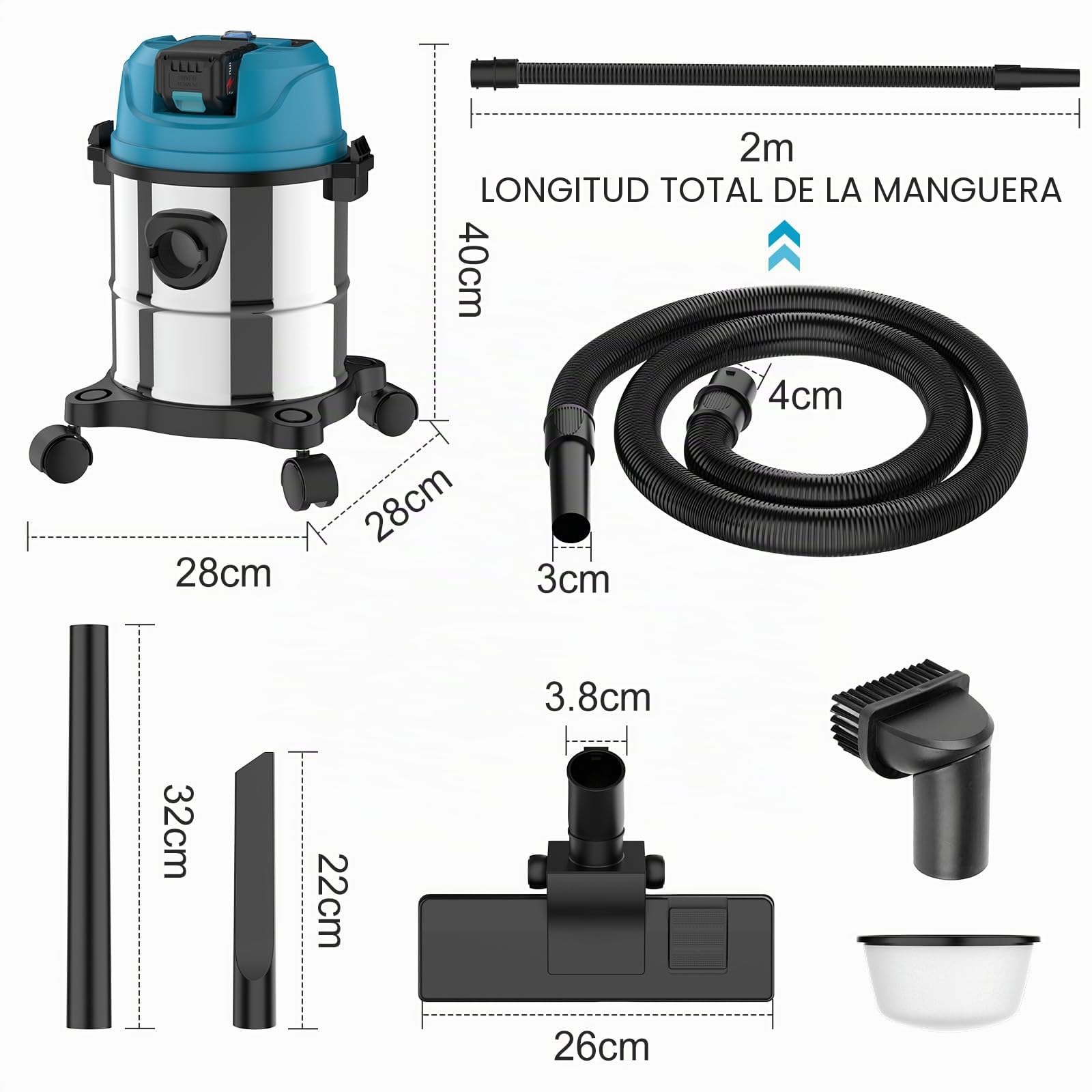 Aspiradora en húmedo y seco para batería Makita de 18V, aspirador industrial 3 en 1 con boquilla para ranuras, boquilla para tapicería, boquilla para suelo, depósito de acero inoxidable de 15 l