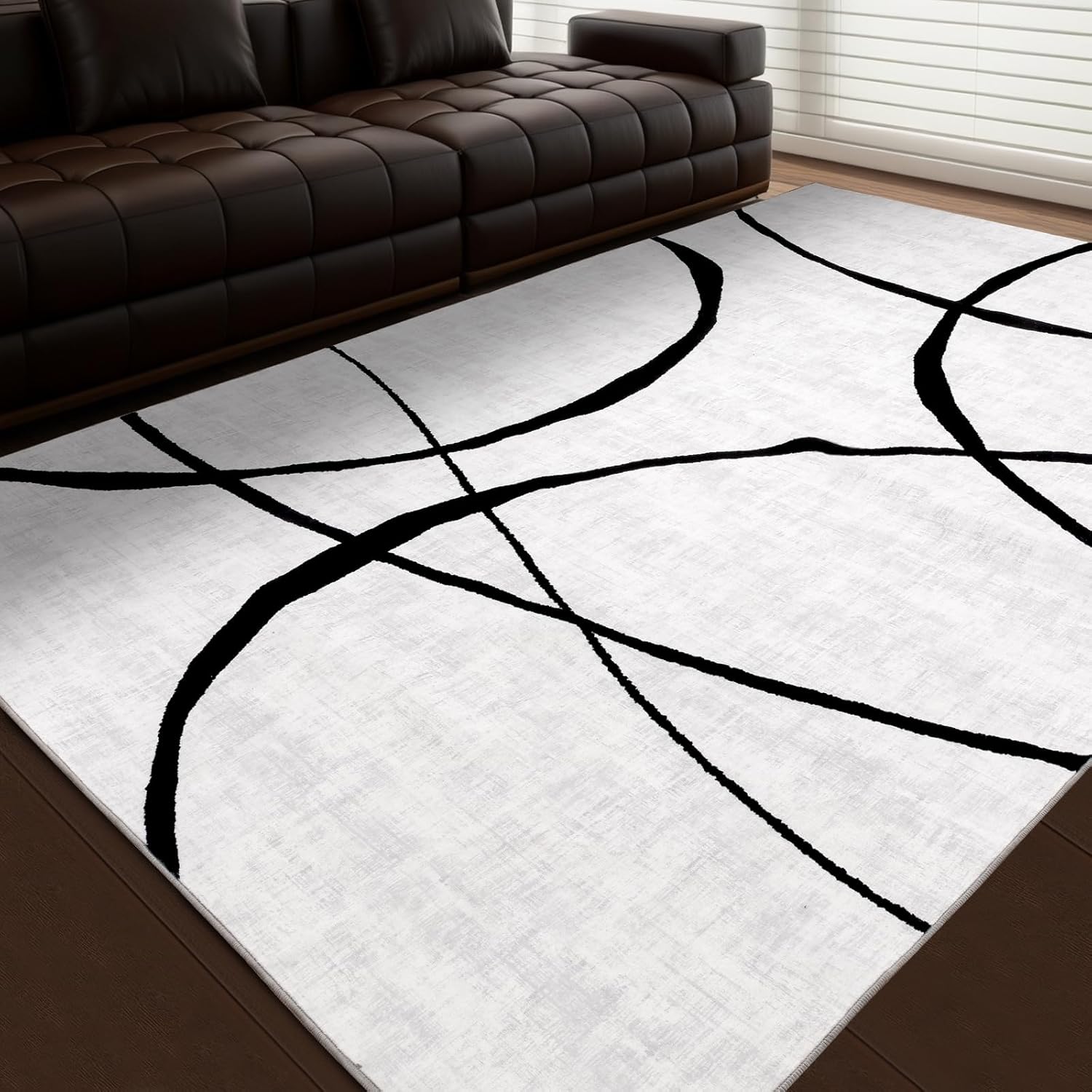 YIHOUSE 6'x9' Black and White Rug- Washable Area Rug for Living Room Bedroom, Large Modern Non-Slip Ultra-Thin Rug Home Decor,Curve,6x9ft Curve 6' x 9' (Rectangular)