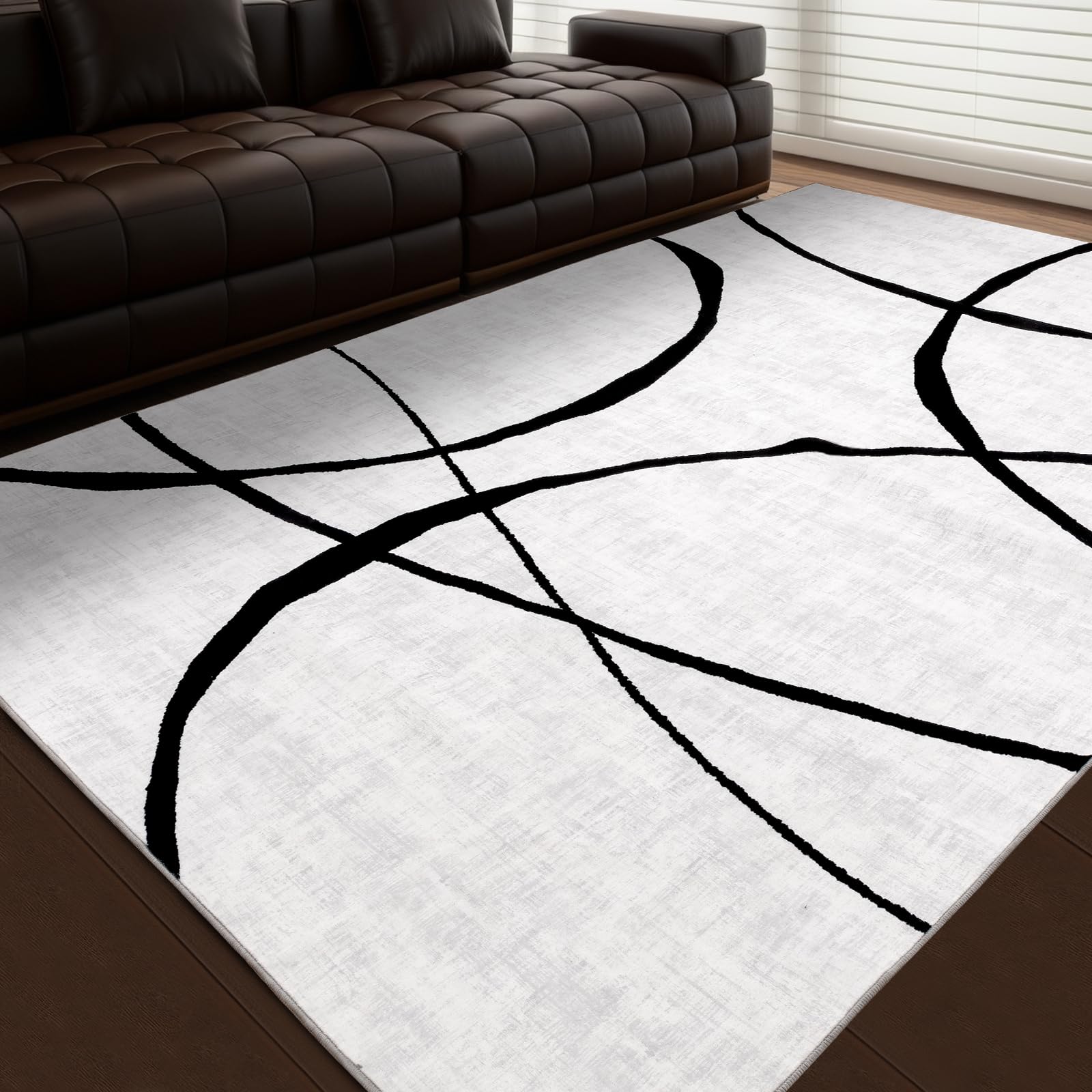 YIHOUSE 6'x9' Black and White Rug- Washable Area Rug for Living Room Bedroom, Large Modern Non-Slip Ultra-Thin Rug Home Decor,Curve,6x9ft
