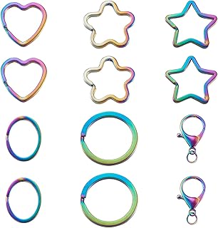 Pandahall 10Pcs Rainbow Key Chain Rings Split Keyring Metal Key Holder Keyring Oval Ring Star Heart Flower Shape Key Ring & 10Pcs Lobster Claw Clasp for Keychain Purse Handbag Car Key Crafts Making