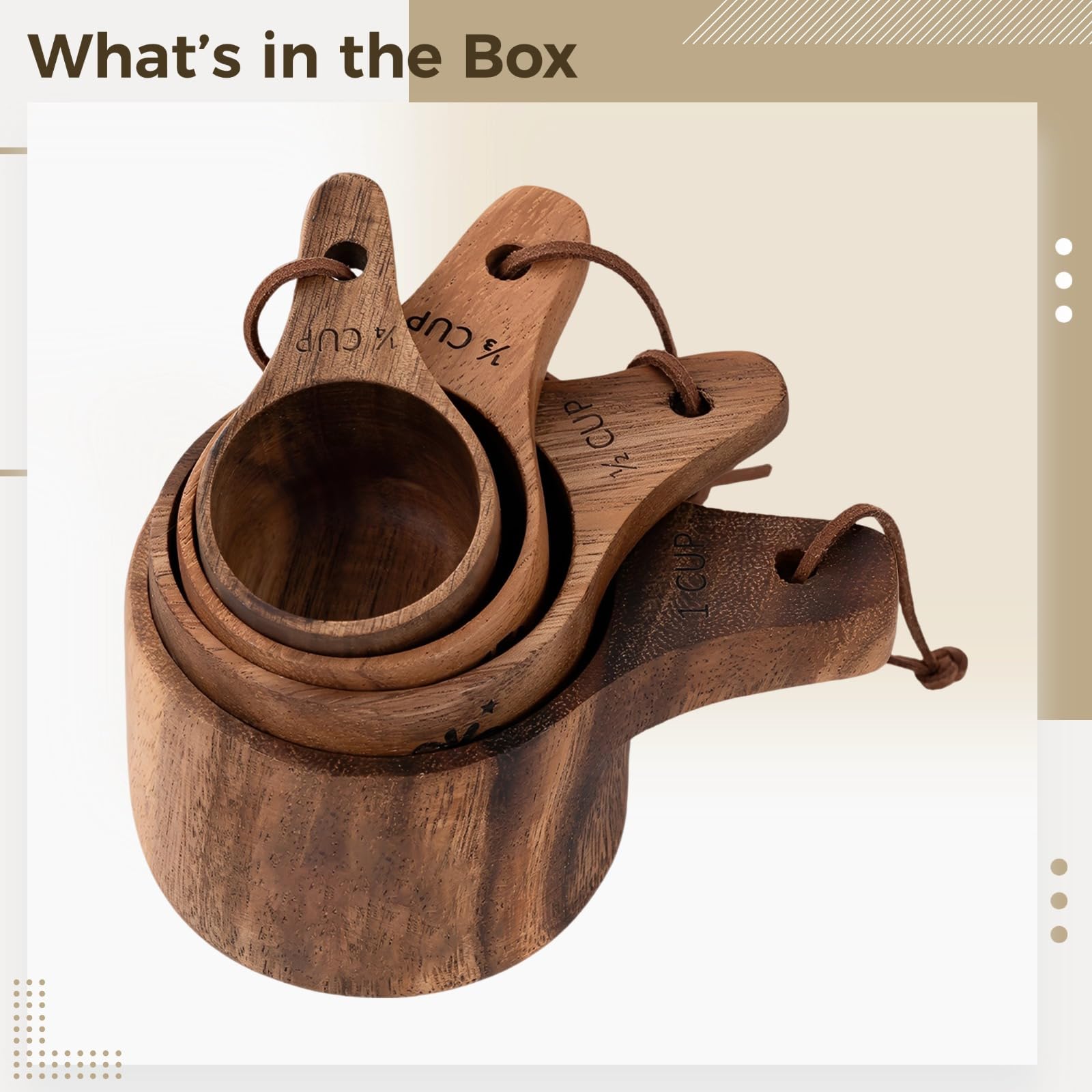Juego de 4 tazas medidoras de madera, hechas de madera de nogal sudamericano, grabadas para hornear y cocinar, diseño de anidación