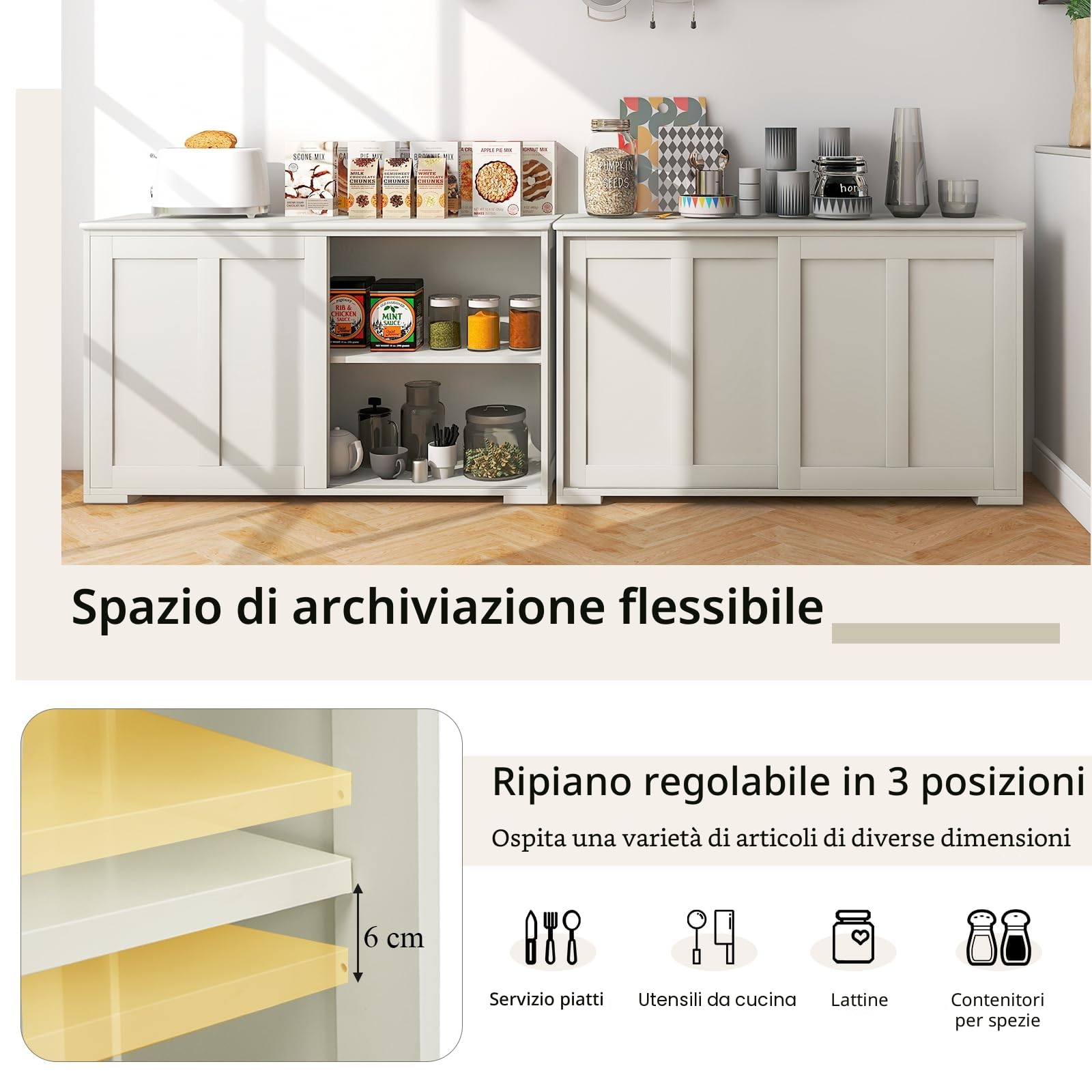 KOMFOTTEU Credenza Cucina con Ripiano Regolabile, Dispositivi Anti-Ribaltamento e Ante Scorrevoli, Mobile Buffet Dispensa Cucina in MDF, Armadietto a Buffet per Sala da Pranzo, 107x33x60cm (Crema)
