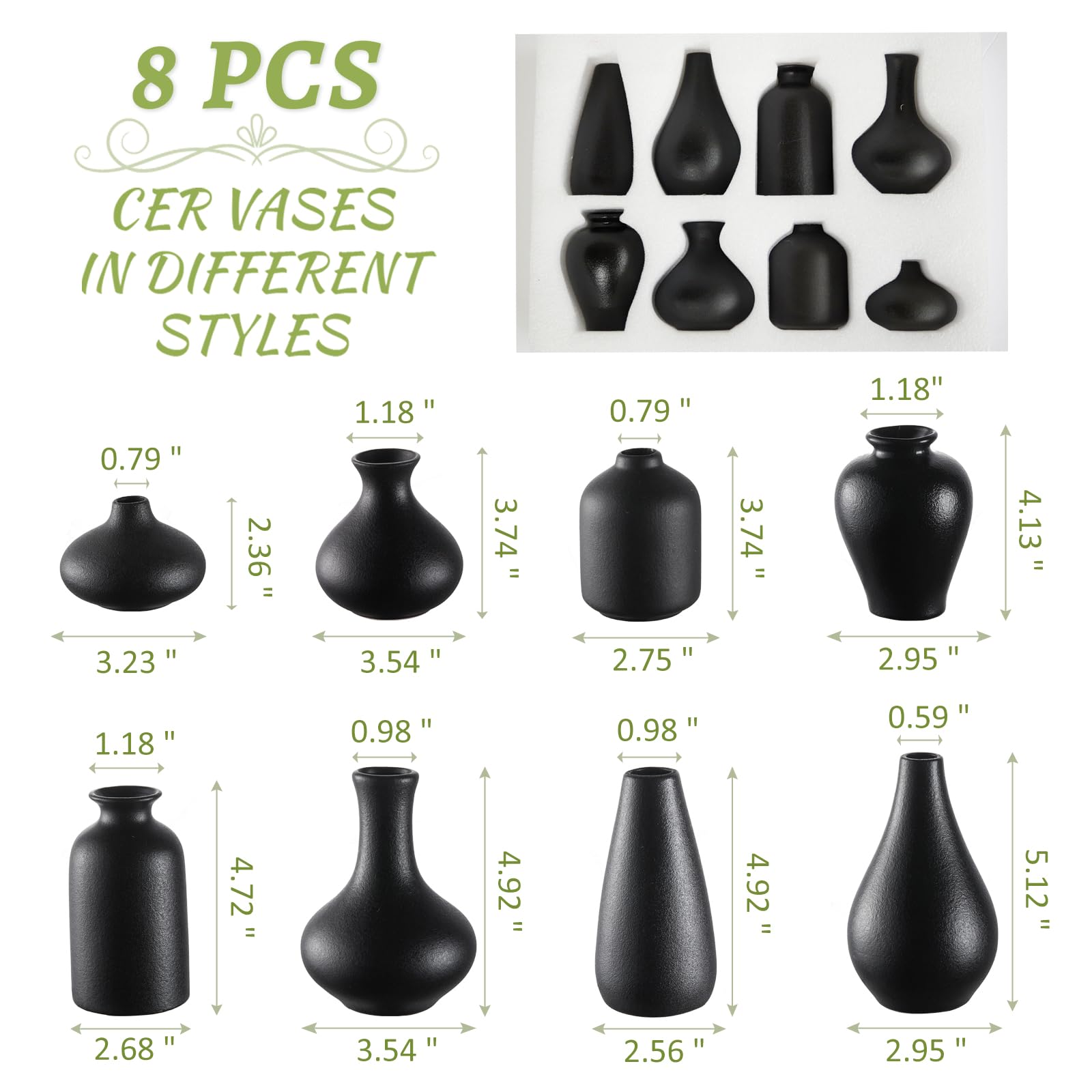Kleine schwarze Vasen Set von 8 – Mini-Keramik-Vasen für Blumen | Pampasgras, perfekt für Wohnzimmer, Tischdekoration, schwarze Vasen, Heimdekoration, Badezimmerdekoration
