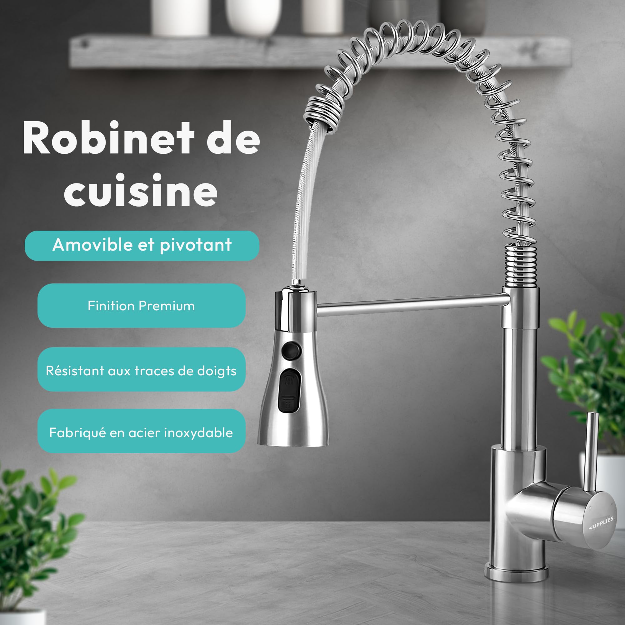 JUPPLIES Robinet de Cuisine avec Douchette Extractible | Mitigeur Cuisine Pivotant 360° | Acier Inoxydable | 2 Jets | Installation Facile