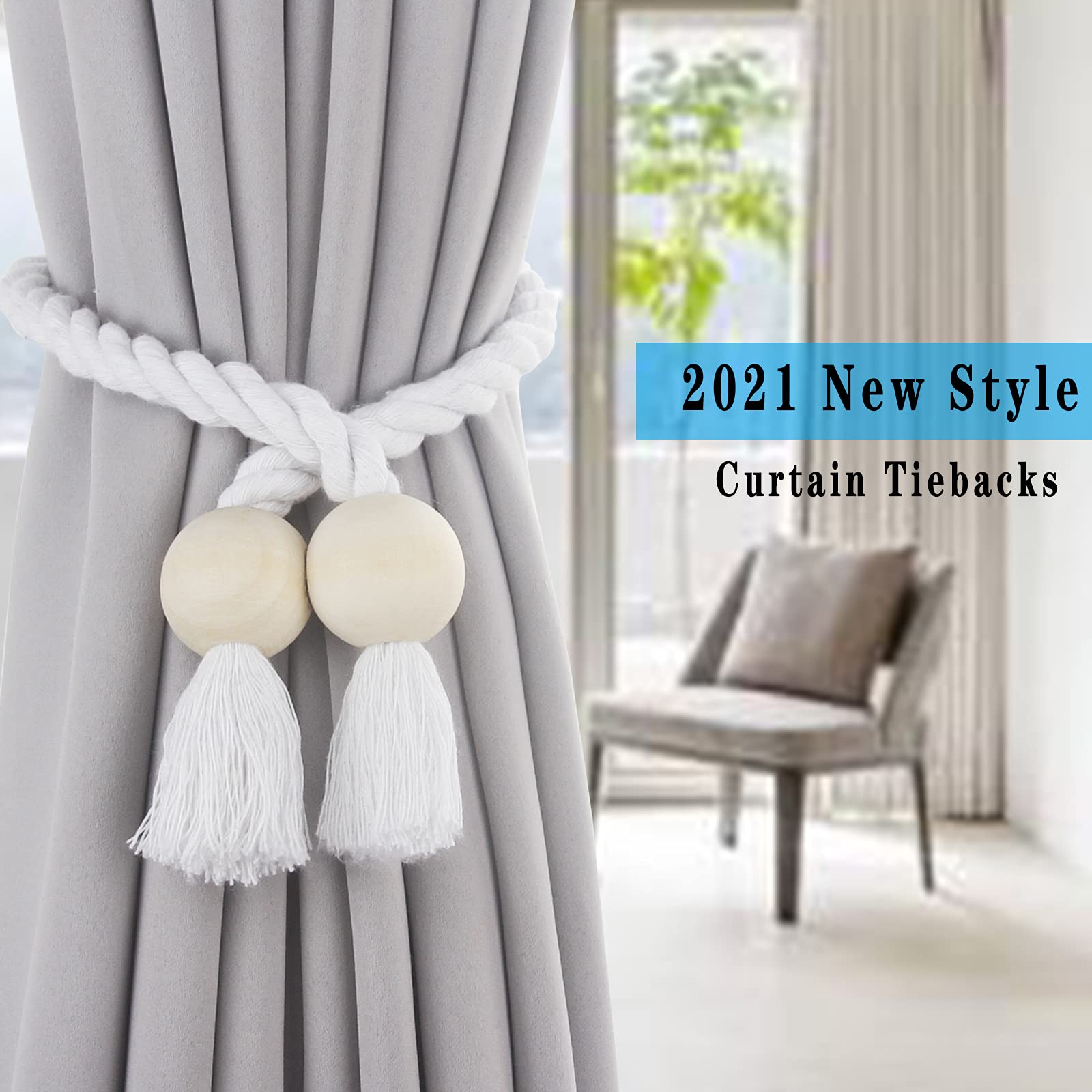 Confezione da 6 fermatenda magnetici bianchi in cotone intrecciato a mano con fermatenda decorativi per tende con fibbia in legno resistente, non sono necessari attrezzi