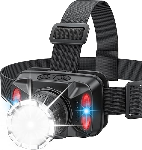 Linterna frontal LED recargable, 6 modos de luz con luz estroboscópica roja y azul, haz zoomable, faro impermeable ajustable de 90 para campamento,