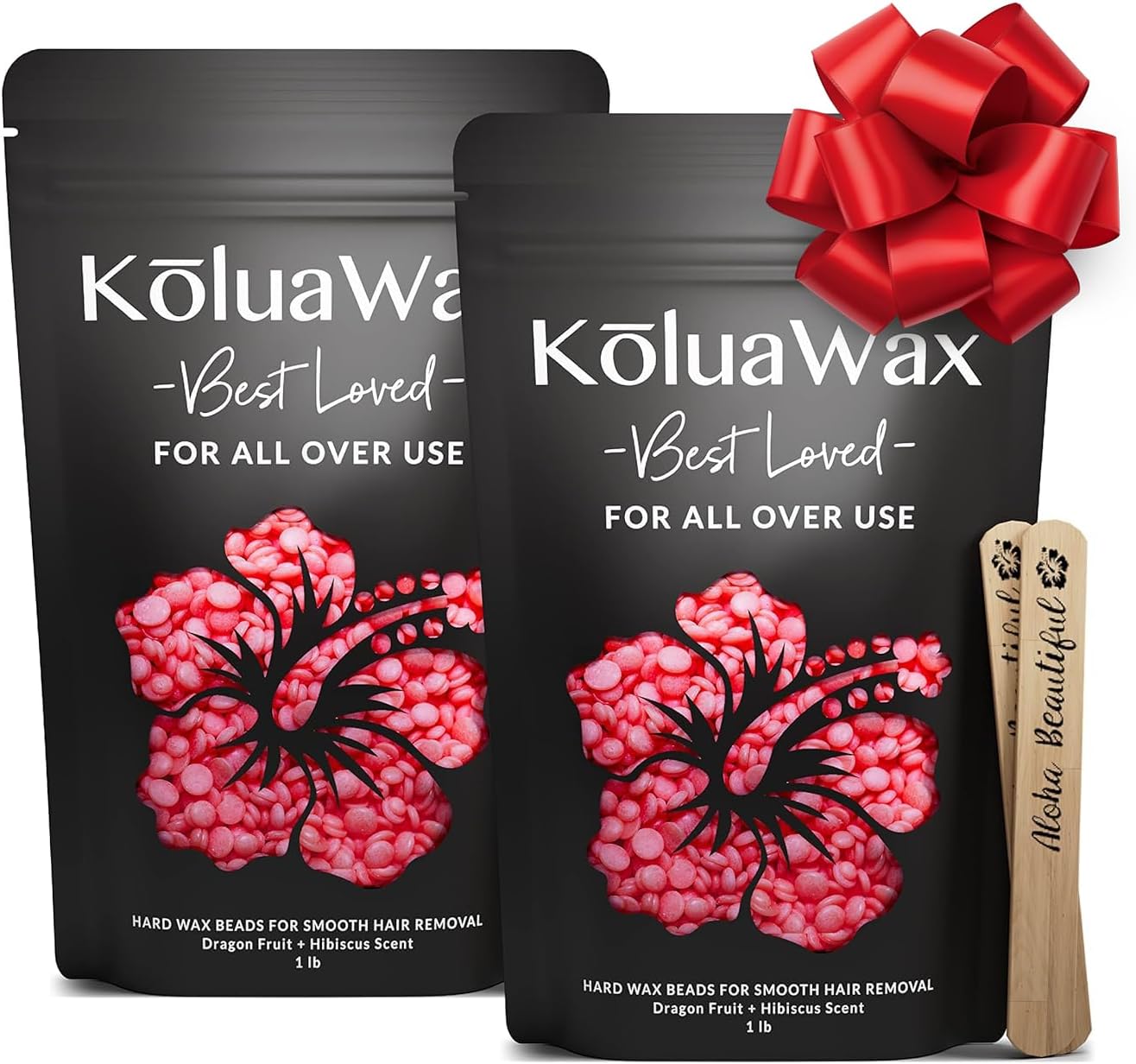KoluaWax Hard Wax Beads for Hair Removal – Coarse Hair Formula – Face, Brazilian, Underarm, Back Chest, Bikini Waxing – Dragon Fruit & Hibiscus 1lb Refill for Wax Warmers & 10 Applicator Sticks 2 Pack