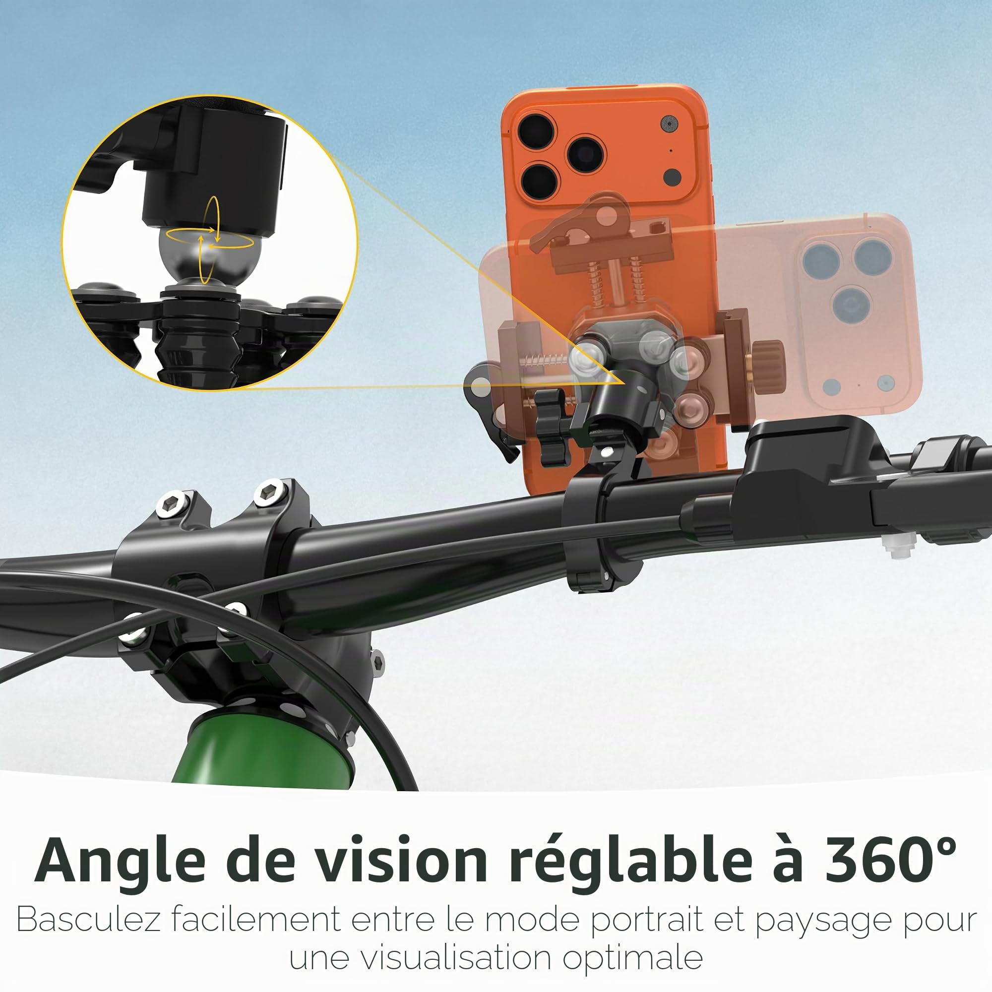 Support téléphone d'Anti-Vibrations Moto et vélo, pour iPhone | aluminium avec amortisseur de vibrations, rotatif à 360° pour moto, vélo et scooter, pour iPhone 17/Air/16 Pro Max et phones