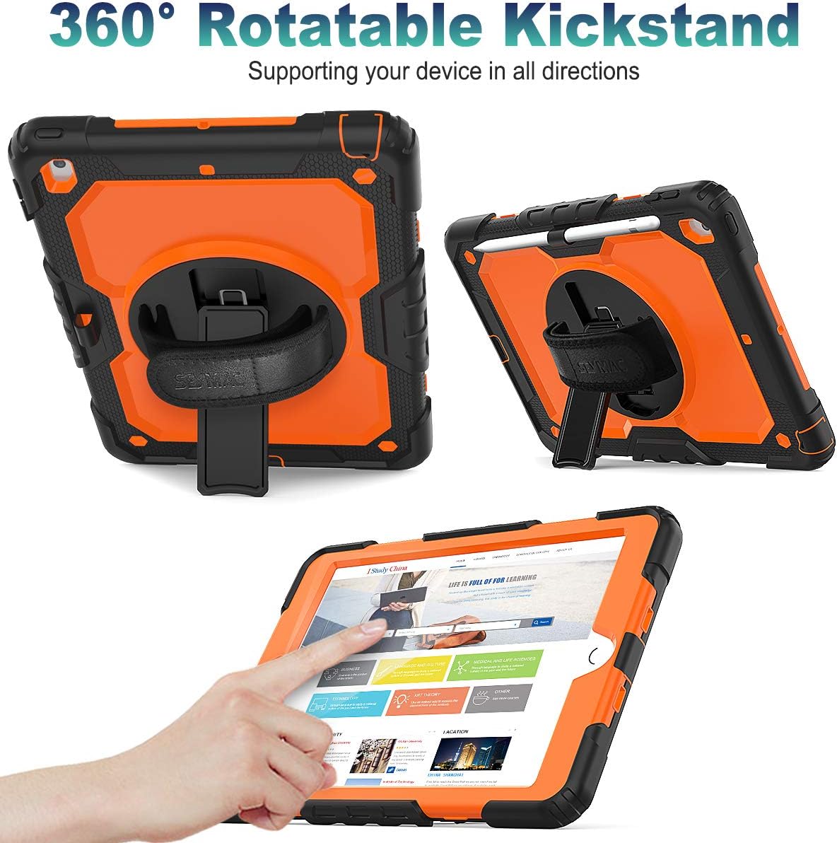 SEYMAC stock Case for iPad 8th/7th Generation ,iPad 10.2 Case [Full-body] Protective Case with [360 Degrees Rotating Stand] & Strap [Pencil Holder] for iPad 8th/7th Generation 2020/2019 (Orange+Black)