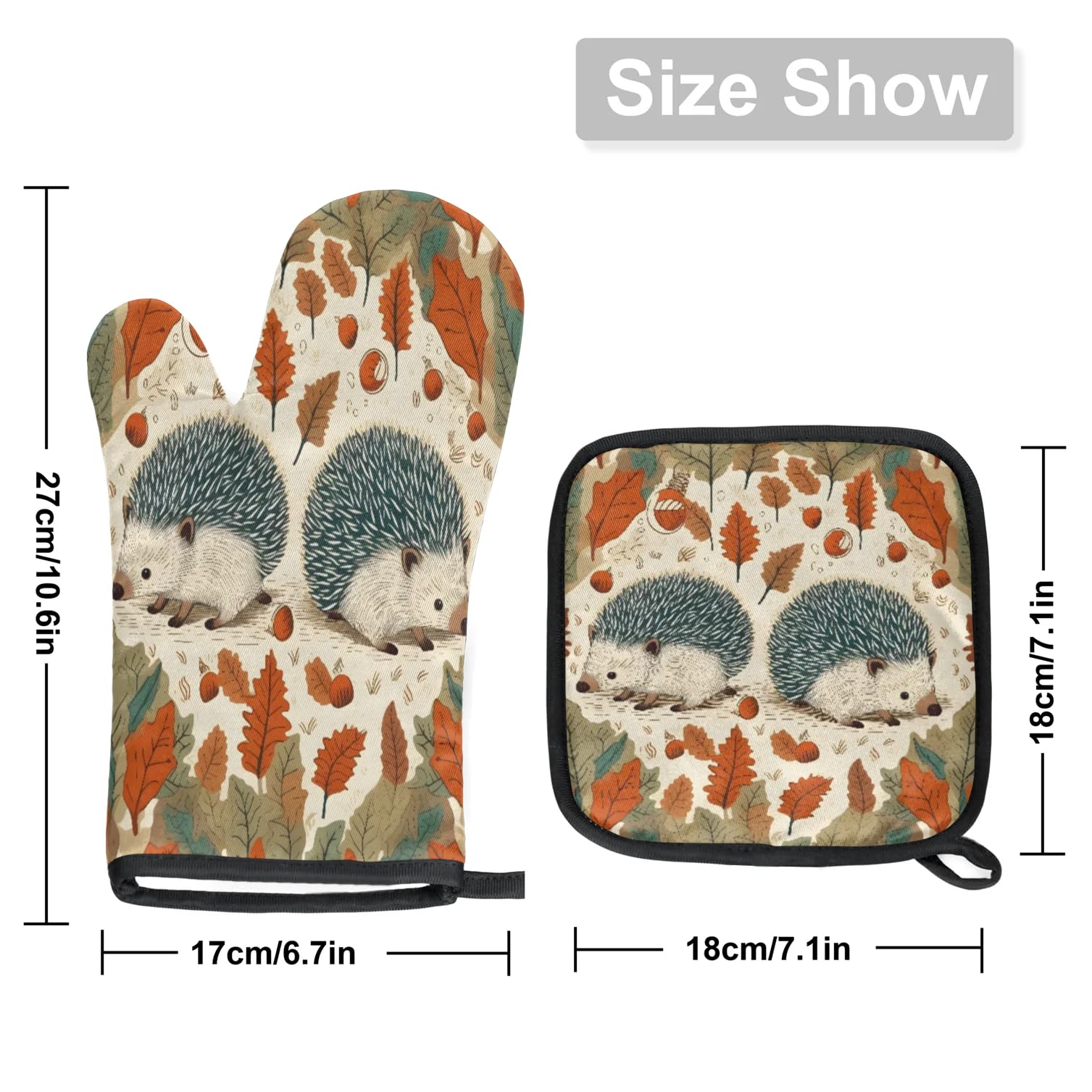 Autumn Hedgehog Deciduous Hazelnut Oven Mitts Kitchen Oven Gloves for Cooking Baking Heat Proof Lining Cotton Kitchen Potholder Mittens Pot Holders Hot Pads for Chef Women Men