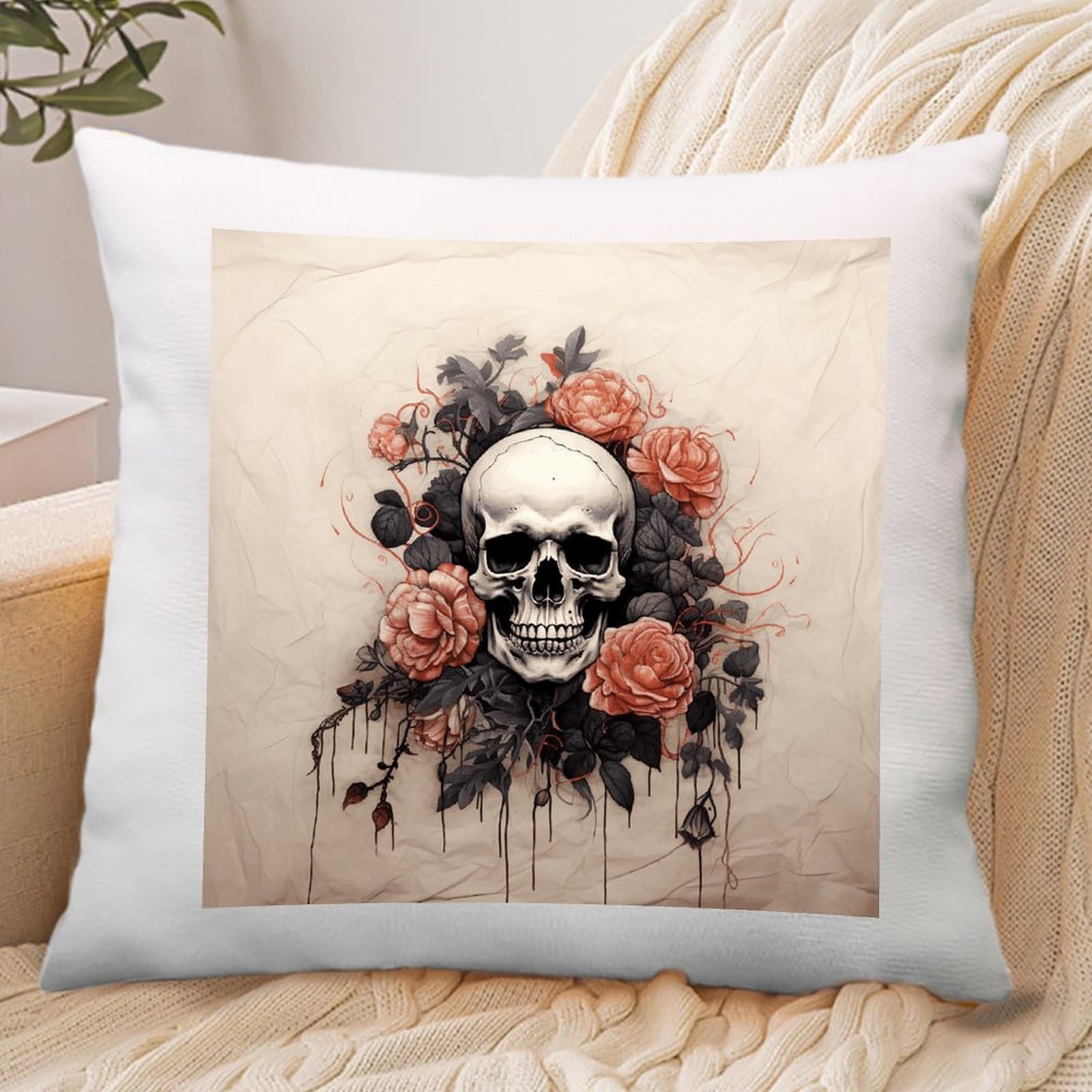 VstaDank Ancient Skull and Flowers Throw Pillow Covers Square Cushion Cases with Zipper Soft Cotton and Linen Pillowcase Luxury Cozy Pillows Shams Lumbar Pillow Shells for All Seasons
