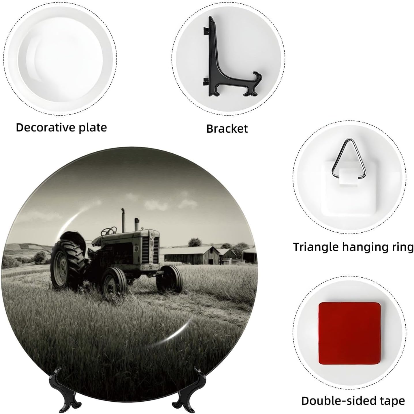 Decorative Plate 10in Bone China Dessert Plates with Display Stand Ceramic Ornament Ceramic Tractor Agriculture Tranquil Decorative Plates Art Crafts Porcelain Plate for Home Club Living Room