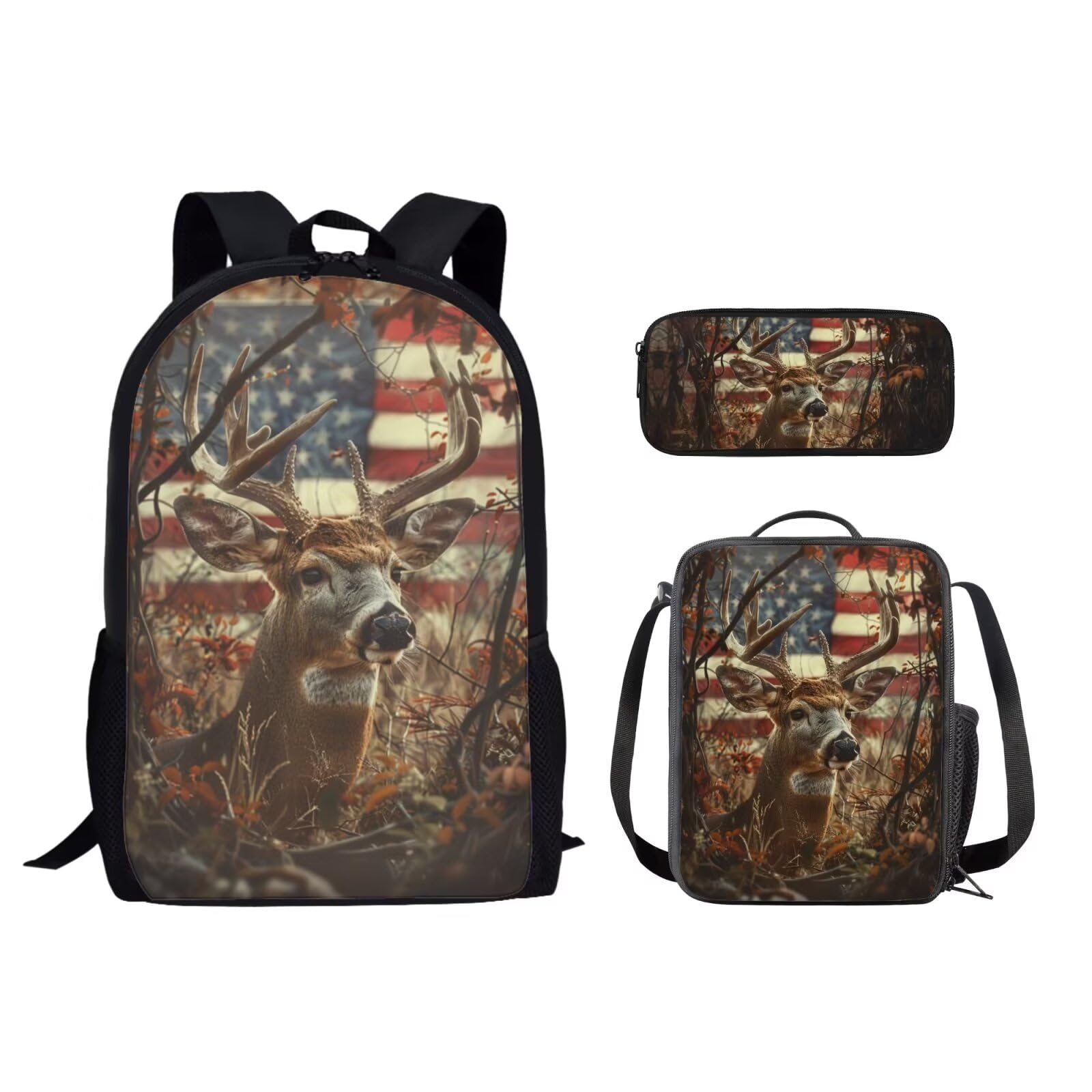 Uourmeti Camo Deer Kids Backpack with Lunch Box for Boys Girls 10-12 American Flag School Bag and Lunch Bag Set for Kindergarten Elementary School
