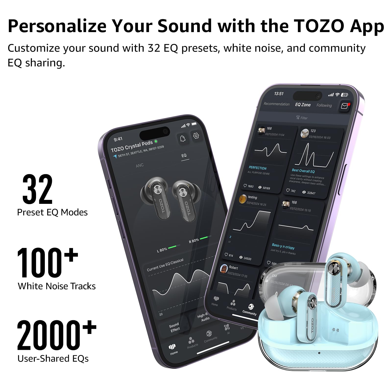 TOZO Crystal Pods Hybrydowe bezprzewodowe słuchawki z aktywną redukcją szumów, podwójny mikrofon ENC AI Clear Calls, słuchawki Bluetooth 5.4 w uchu, wodoodporne słuchawki IPX5, 32 EQs za pomocą