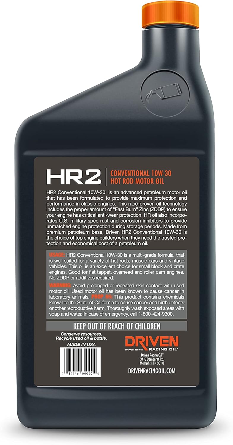 Driven Racing Oil HR-2 10w-30 Motor Oil (6 Quart Pack) Hot Rod Classics Camshaft Protection Storage Protection ZDDP Prevent Dry Starts