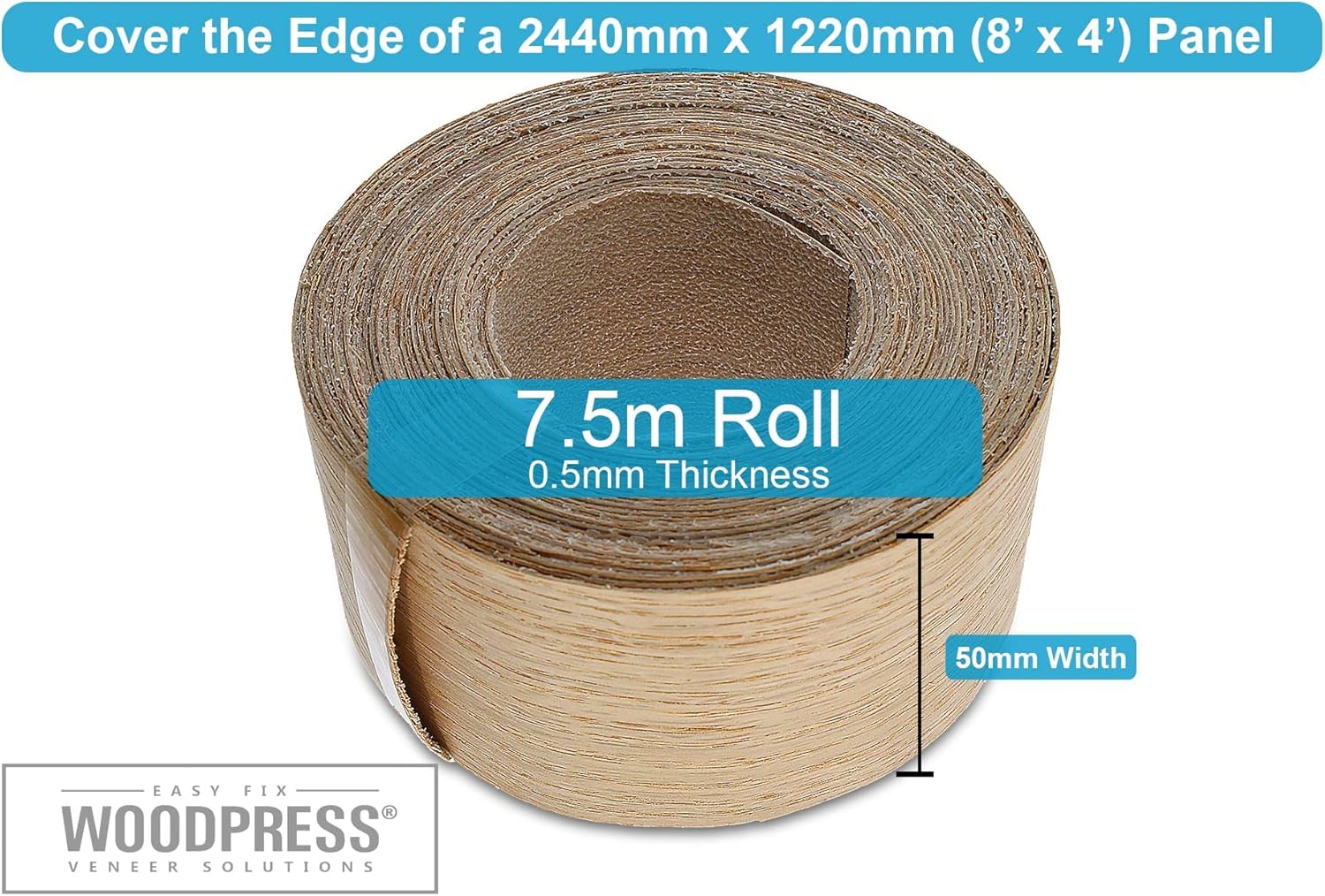 50mm Euro Oak Veneer Edging - 7.5m Roll - Pre-Glued Iron-On Real Wood Edging Tape for Easy DIY Application
